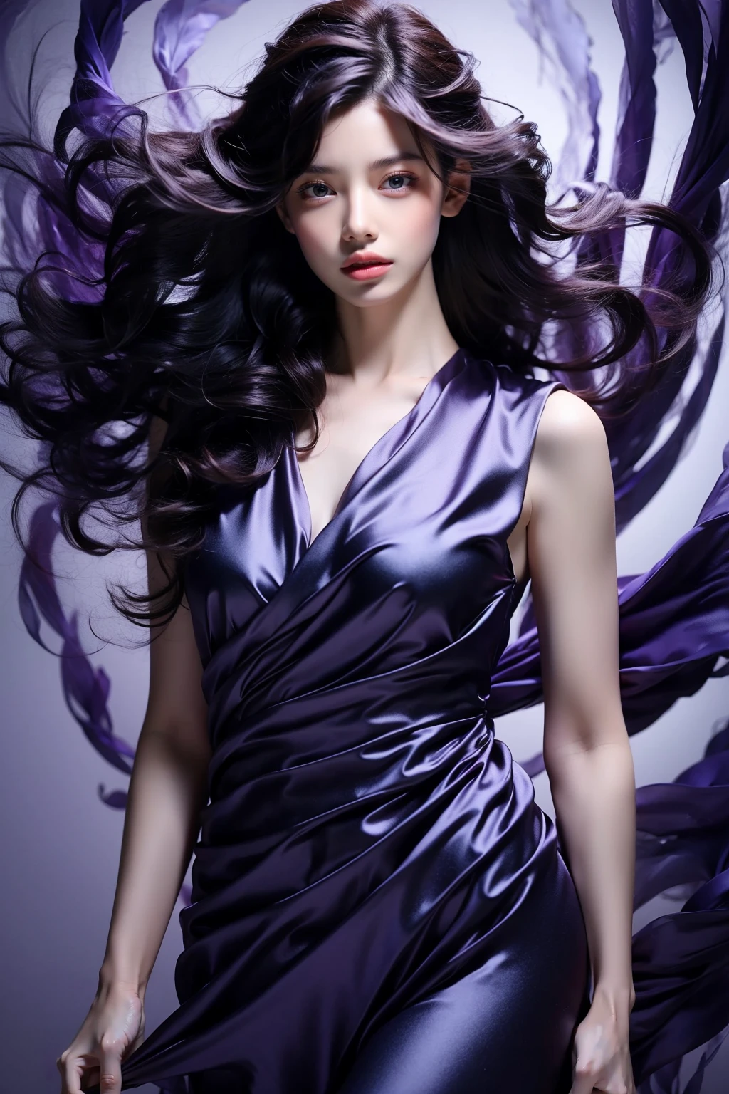 photorealistic,realistic,photography,masterpiece,best quality,ultra-detailed,extremely detailed CG unity 8k wallpaper,(reality: 1.4),1girl,solo,long hair,messy hair,looking at viewer,blue eyes,black hair,wind,floating hair,full body,standing,parted lips,lips,flowing purple satin with intricate details,science fiction,realistic,nose,science fiction,Purple torn dress,Purple air, <lora:jay-purple air:1>