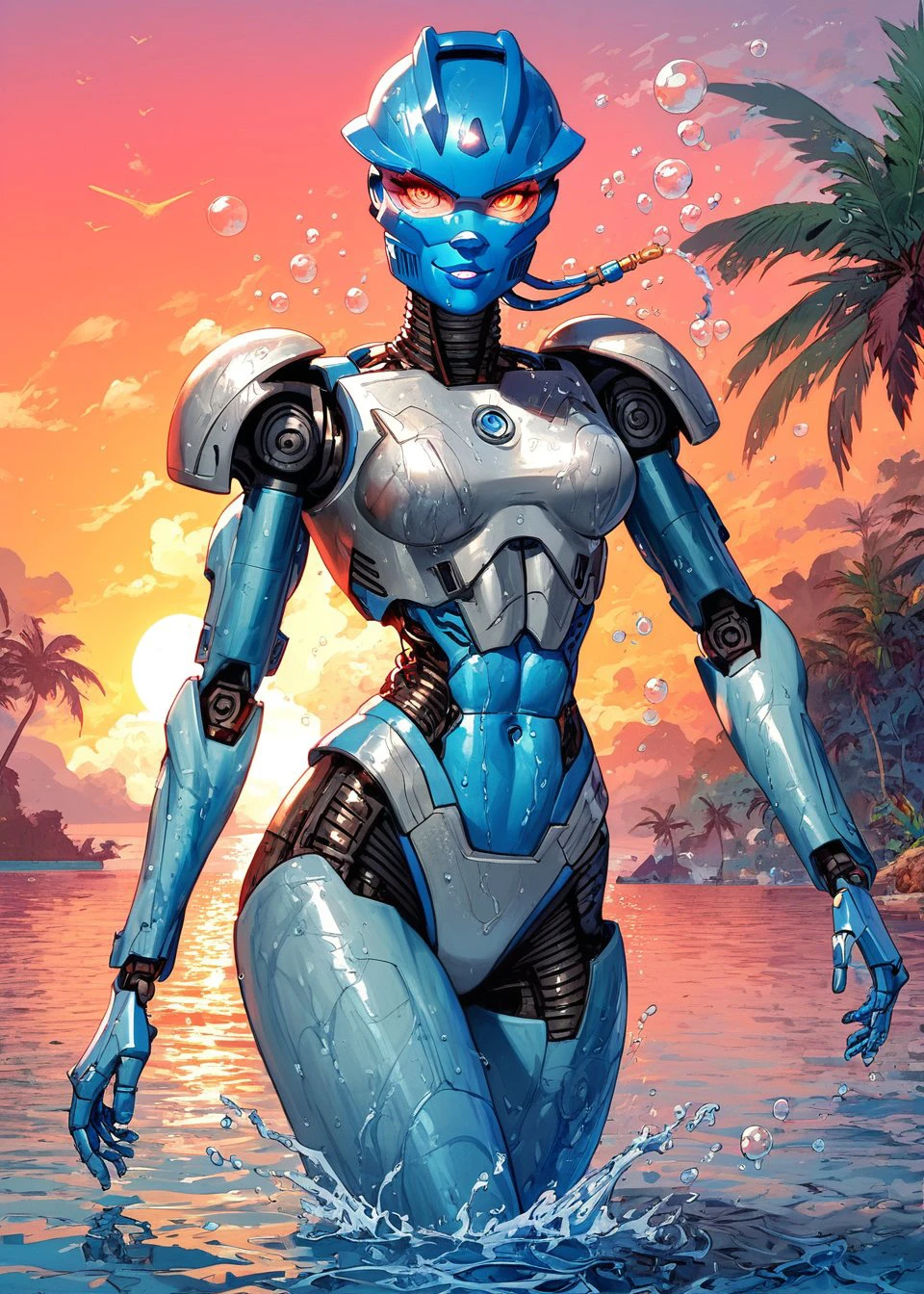 score_9, score_8_up, score_7_up,
gali, robot,  athletic girl, slight abs, silver armor, seductive smile, jewerly,
knva, halftone effect, 1girl, solo, tropical island background,walking out of water, magnificent background,
soaked, wet,  head turn, side, water control,  telekinesis, water bubbles in the air, looking at viewer, water force, water everywhere, (floating water),
sunset, two tone light,
<lora:Kenva:0.6>
<lora:Gali_Nuva:0.8>
<lora:cutesexyronutts_style_xl:0.4>
<lora:Fant5yP0ny:0.6>