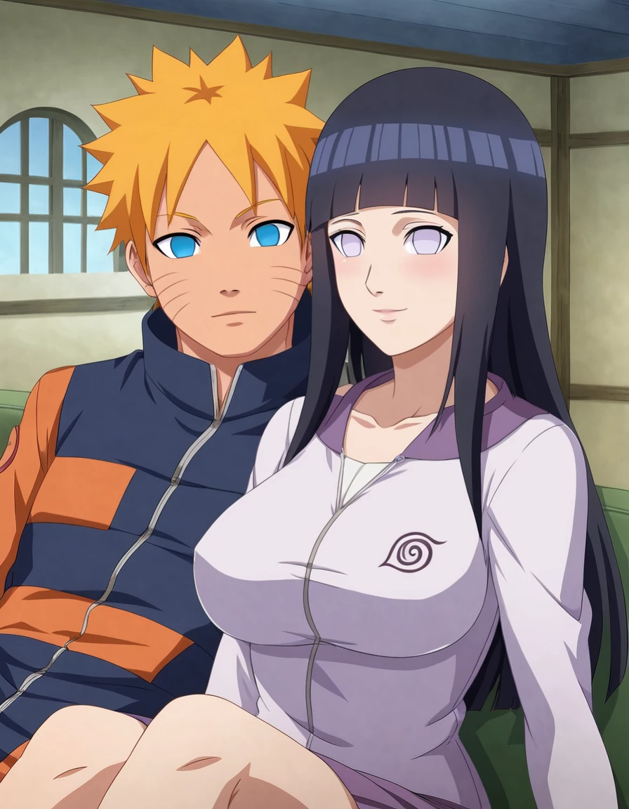 1man and 1woman, romantic scene, soft core, hyuuga hinata, hinata( purple eyes, blunt bangs, black hair, white eyes, no pupils), Big breasts(2.1), masterpiece, best quality, naruto, uzumaki naruto( Orange hair, blue eyes), ^ ^, background, house, sofa, tv