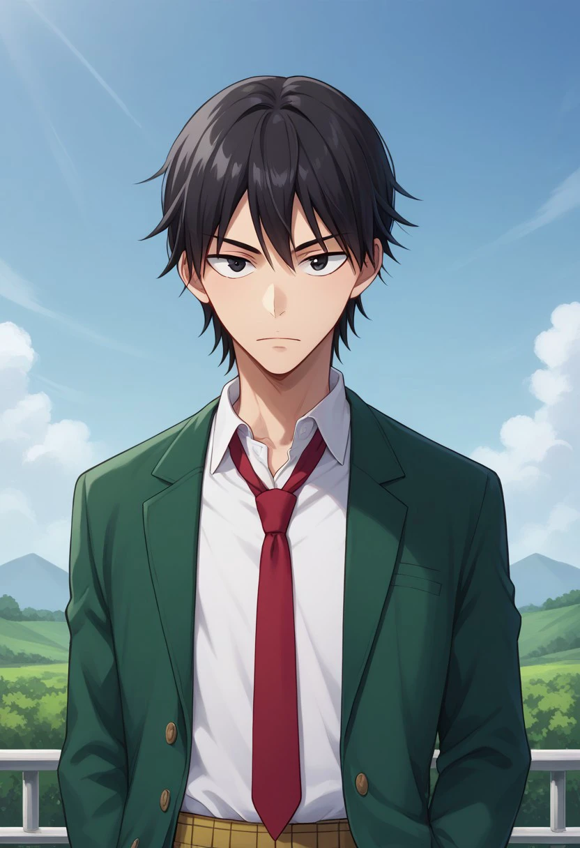 score_9, score_8_up, score_7_up, source_anime, highly detailed, 
imaizumi, 1boy, male focus, necktie, solo, school uniform, red necktie, black hair, sky, shirt, white shirt, black eyes, day, green jacket, jacket, looking at viewer, closed mouth, blue sky, collared shirt, open clothes, upper body, plaid pants, plaid, pants,