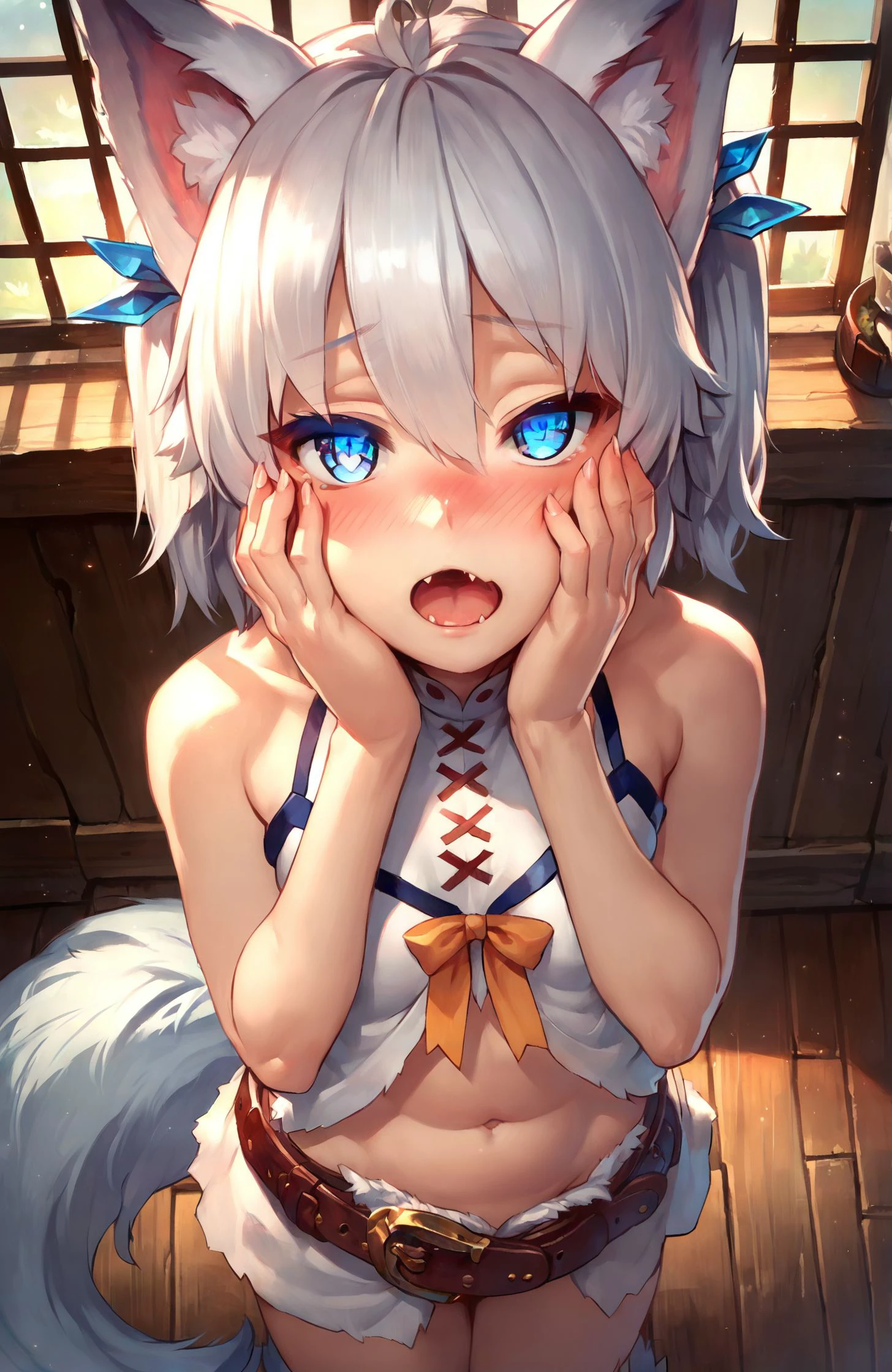 flat chests, nsfw, masterpiece, 1 girl, erect nipples, intricately detailed, topless, navel, bare shoulders, necklace, erect nipples, puffy nipples, white hair, wolf headgear, animal fur skirt, leather belt, fur skirt, mountainous horizon, mountains, forest, night sky, full moon, facial paint, open mouth, bonfire, extremely detailed, photorealistic, octane render, 8 k, unreal engine, bare breasts, nipples, red eyes, clawed wolf gloves, bare stomach, sweaty, people on background, moist breath, small breasts, flat chests, child, arm strap, pixie cut hair, long nails, smiling, leaning forward, fangs, plate, steak, tongue out, all fours, crawling, neck collar, floor, long tongue, collarbone, wet body, saliva, drooling, butt