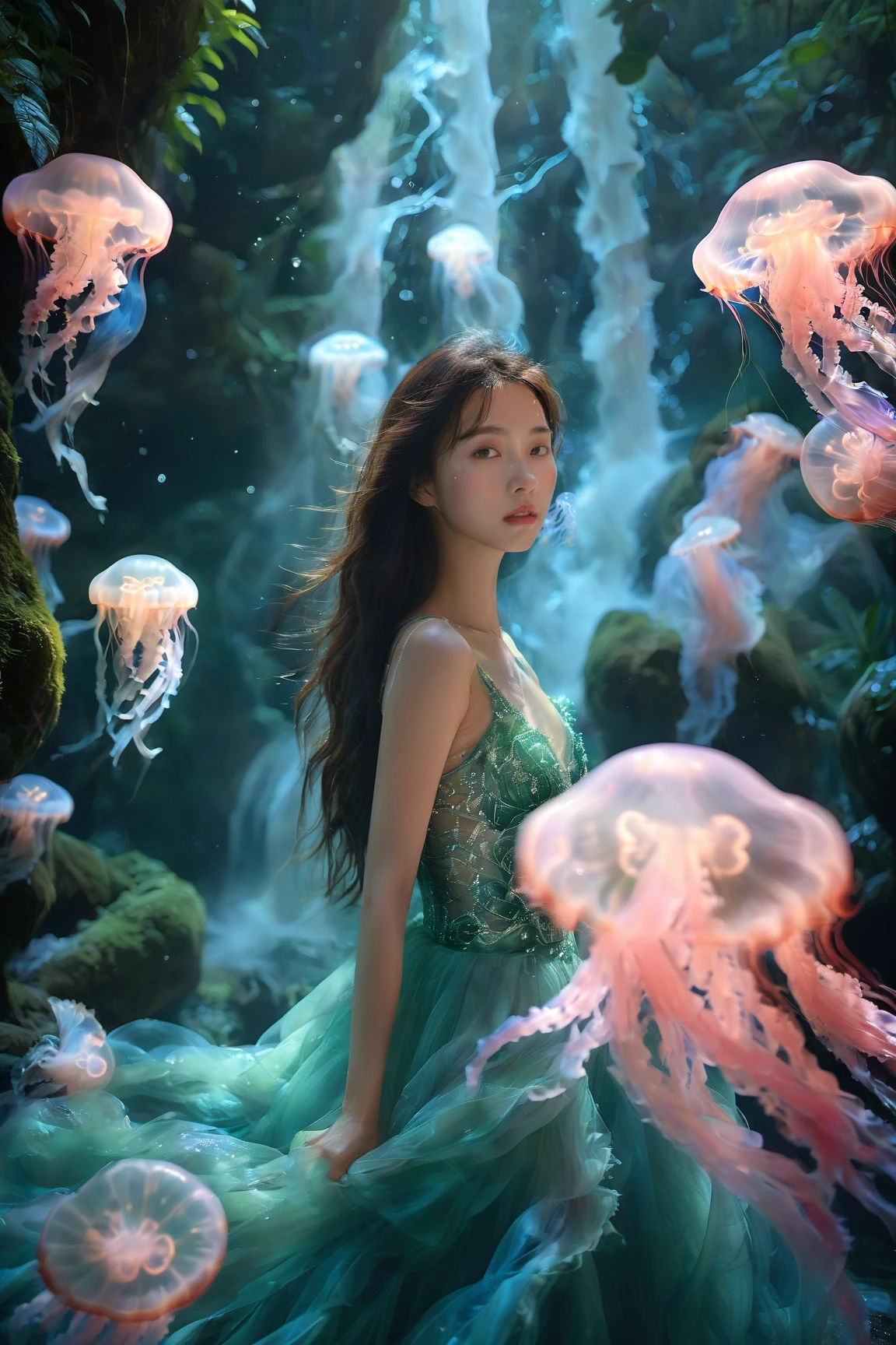 An Asian young woman with long flowing hair, adorned in a delicate emerald green gown, surrounded by a mesmerizing rainforest waterfall environment. She stands amidst a dance of luminescent jellyfish, which glow in hues of pink and blue. The backdrop is a cascading waterfall, punctuated by the soft glow of bioluminescent plants and the gentle mist of water. The woman's gaze is distant, as if lost in thought, while the jellyfish float gracefully around her, creating an ethereal and dreamlike atmosphere.<lora:EMS-310343-EMS:0.800000>, <lora:EMS-412760-EMS:0.800000>