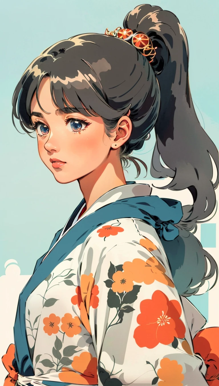 best quality,masterpiece,highly detailed,ultra-detailed,   retro artstyle,1980s \(style\),      <lora:retro-comic-80:1>  1girl, kimono, hime ponytail, high ponytail, hair ornament,  <lora:Flat_Design_last:2>