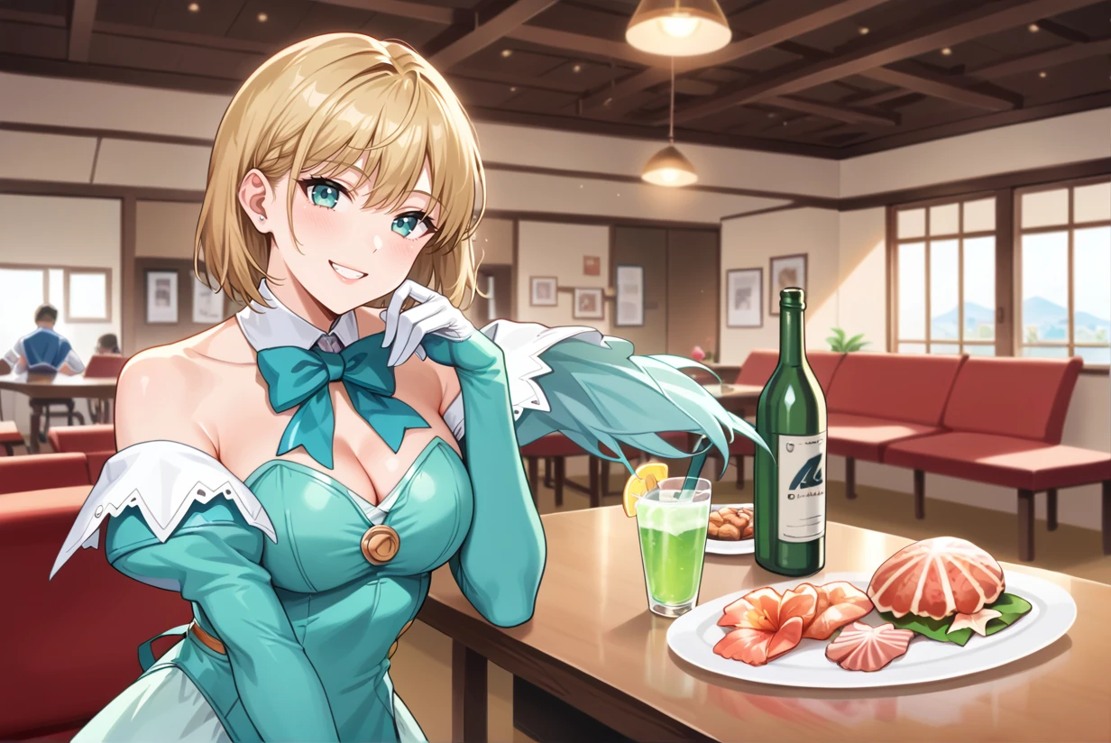 score_9, score_8_up, score_7_up, best quality, masterpiece, source_anime, anime screenshot, BREAK,  1girl. valkyrie_\(apex_legends\), Floral Mint outfit, <lora:prcarrot_FloralMint:1>, smile, happy, Posing as if listening to a seashell, in restaurant