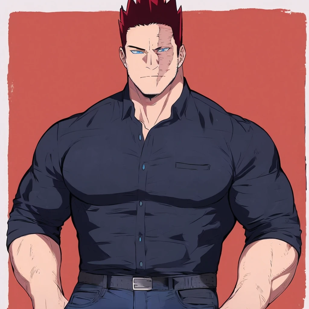 <lora:Endeavor-10:1>Endeavor, blue eyes, black fitted shirt, blue jeans, hands on pockets, scar