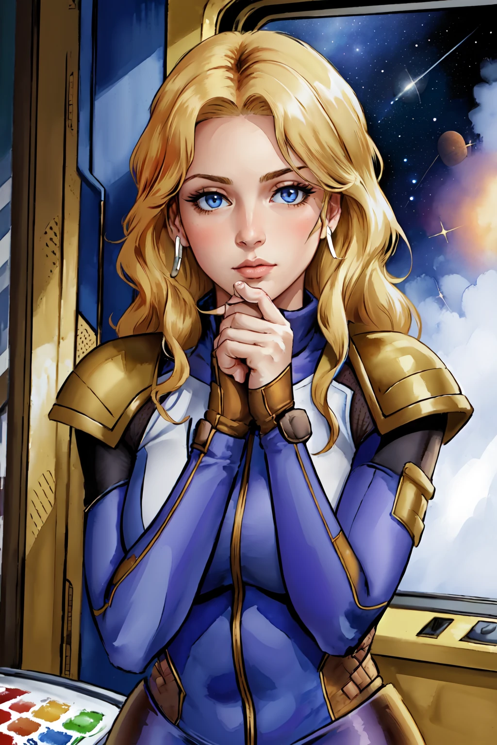 masterpiece,best quality,1girl,gurisw, <lora:GuriSW:0.8>,solo,(watercolor style:1.1),purple bodysuit,blue eyes,long hair,boots,armor,shoulder pads,shoulder armor,standing,thinking,straight on,facing viewer,(stroking own chin,hand on own chin:1.2),indoors,in metal cockpit,outer space,upper body, fcDetailPortrait