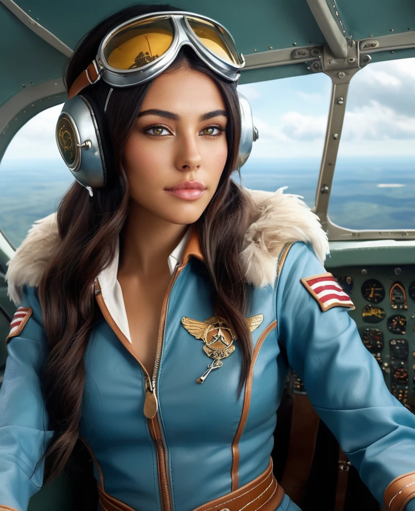 Hyperrealistic art half body photo of m4d1s0n a woman,  Fairy tale Aviator in plane, . Magical, fantastical, enchanting, storybook style, highly detailed, looking at camera,    <lora:mads2020v276:.8> . Extremely high-resolution details, photographic, realism pushed to extreme, fine texture, incredibly lifelike