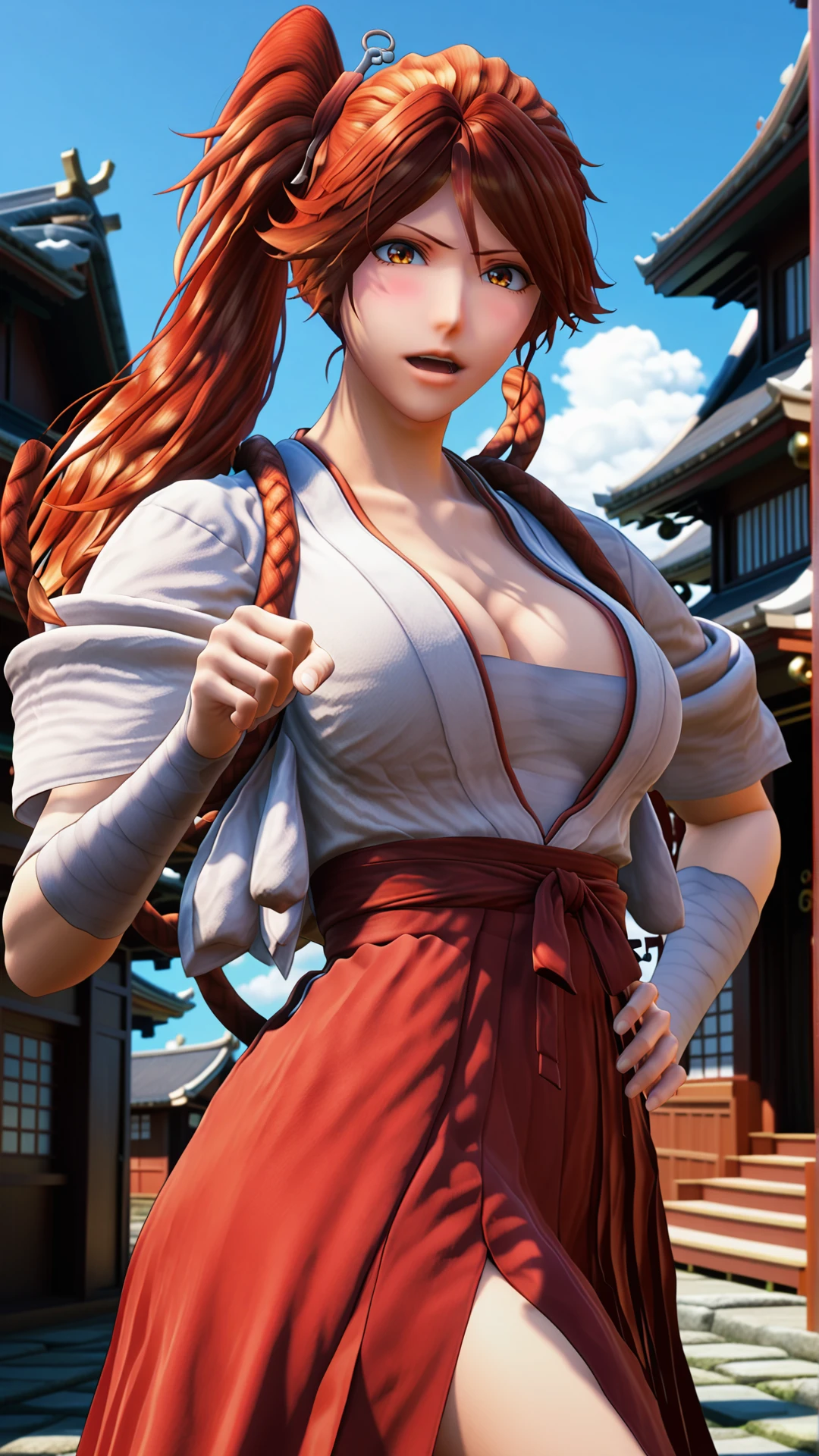 fantasy-style, (zPDXL2), (((cowboy shot))), (((dynamic pose))), (((dynamic angle))), sehele style, webtoon, anime, centered, 1girl, 1woman, hatshi, open mouth, cleavage, sarashi, vermilion eyes, vermilion ponytail on the right side, bandages, shrine maiden's outfit, blushing, outdoors, Japan town background, <lora:sd_xl_dpo_lora_v1:1>, <lora:OMG-Is-DucHaiten_v1.0:0.1>, <lora:Seunghee_Lee_Style_PDXL:1>, <lora:ManhwaSDXL:0.8>,  <lora:hatshi_PonyXL_r1:0.8>