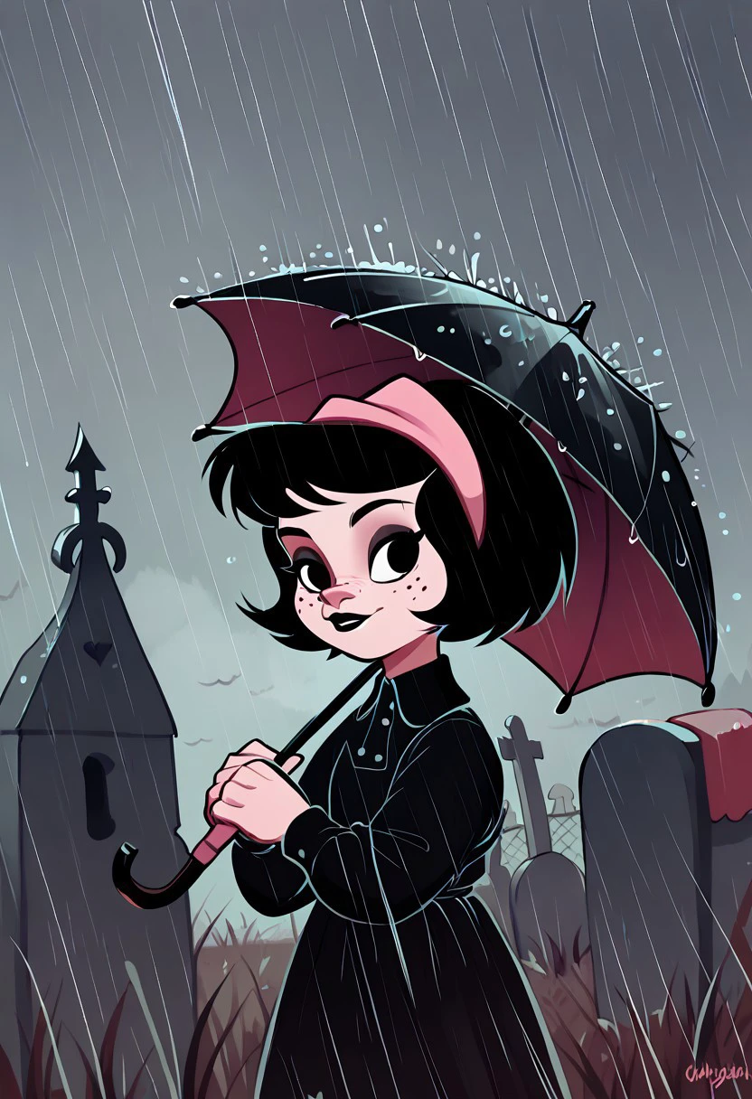 score_9, score_8_up, score_7_up BREAK Yuyito, 1girl, black hair, pink headband, black eyes, freckles, gothic appearance, gothic fashion, ignoring viewer, rainy graveyard background, holding gothic umbrella,