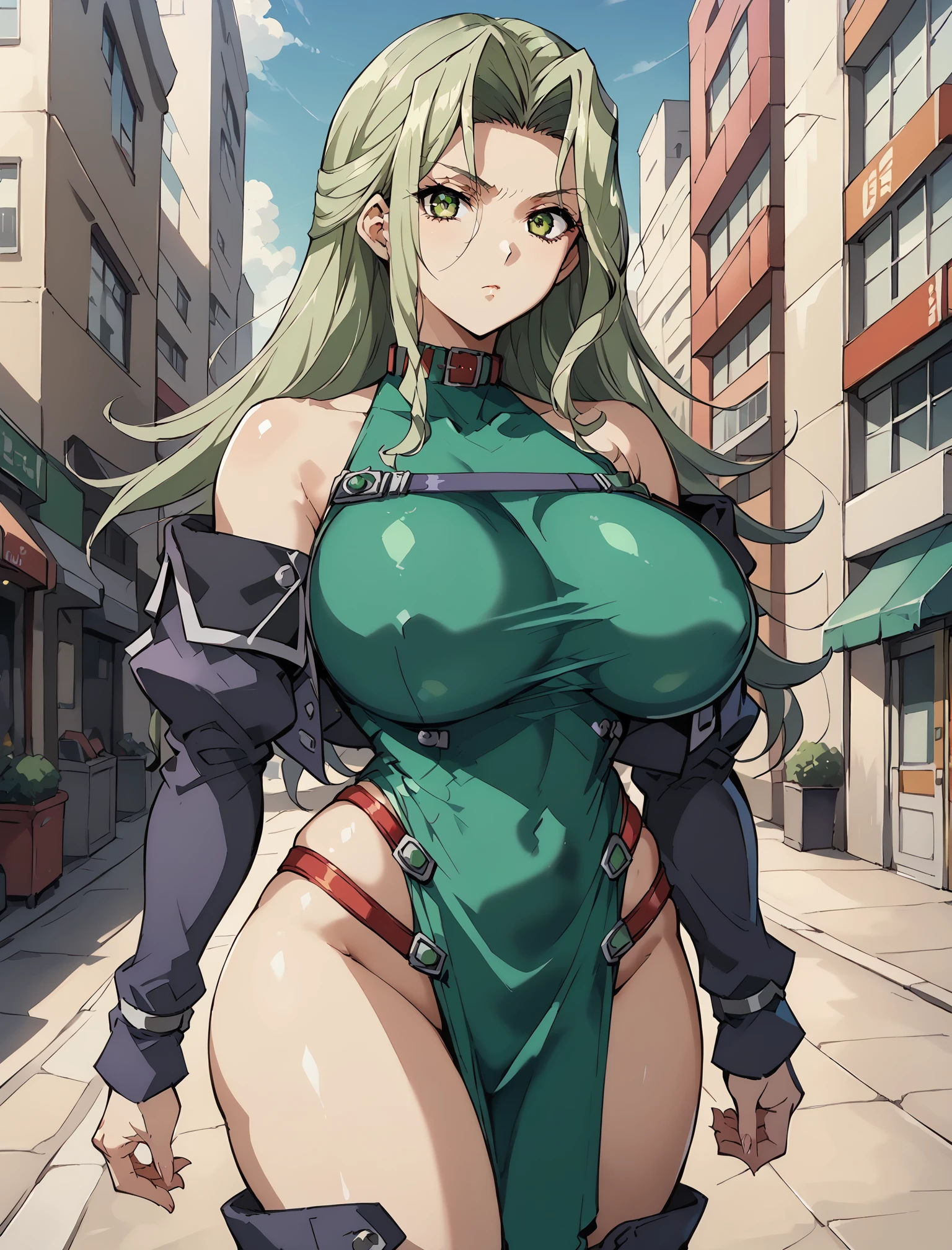 score_9,score_8_up,score_7_up,8k,1girl,anime screencap,cowboy shot,huge breasts,
<lora:w17_ponyxl_fp16-000010:1>,w17 \(srwog\),green hair,green eyes,parted bangs,w17 \(costume\),dark purple cropped jacket,bare shoulders,pelvic curtain,impossible clothes,green dress,thigh boots,looking at viewer,street,cityscape,expressionless,<lora:detail_eyes-000019:0.7>,