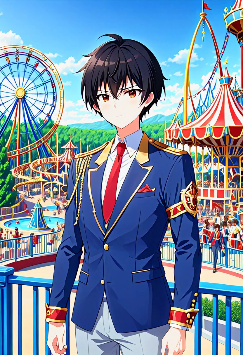 high resolution, solo, best quality, 1Boy, Seiya Kanie, Black Hair, Short Hair, Thin, Brown Eyes, a white dress shirt under a dark blue jacket with golden accents, gold aiguillettes worn on the right shoulder, a red tie, gray pants, and a red armband on it around his left arm, manager, theme park,