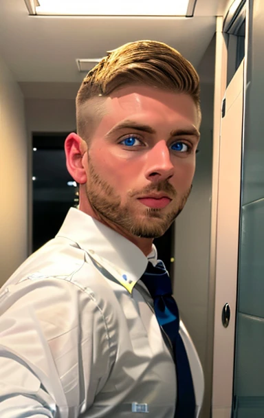 @mtthwlls1, Matthew Ellis, from side, a man in a white shirt standing in a bathroom, male focus, solo, 1boy,  pants, black pants, facial hair, white shirt, wristwatch, watch, blue eyes, hair, looking at viewer, indoors, collared shirt, closed mouth, realistic, beard, muscular male
<lora:mtthwlls1.v2.matthew.ellis.character.sd1.5:0.9>