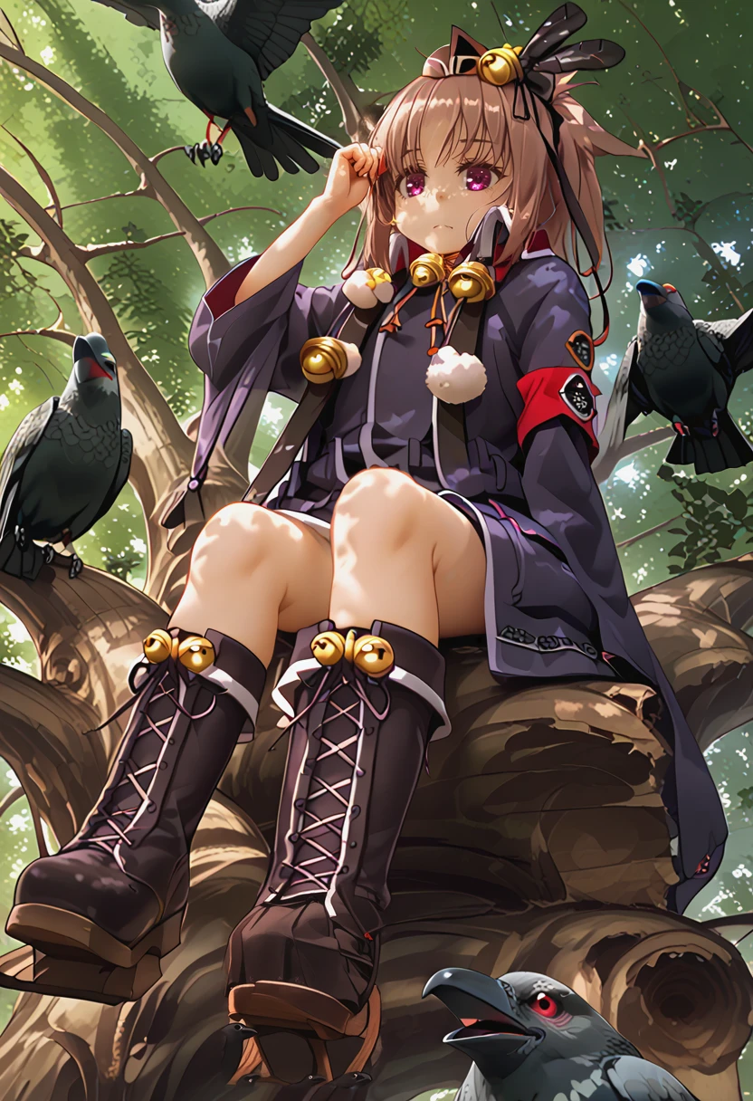 <lora:karasu_Pv1:1>, sskars, 1girl, coat, brown hair, hair ribbon, bell, geta, on the tree, solo, bird, crow, tree, in tree, nature, forest, sitting in tree, bird on shoulder, zettai ryouiki,