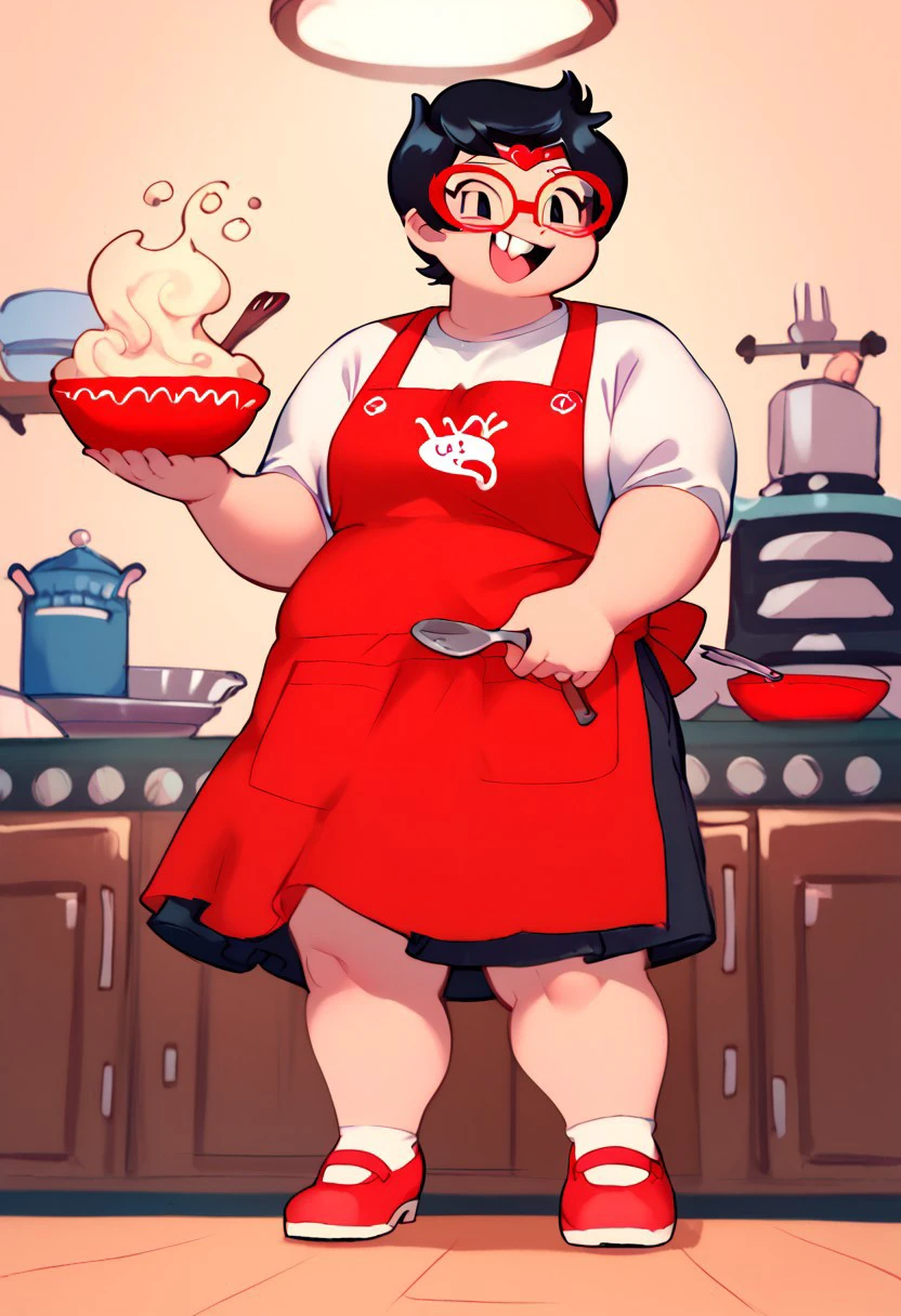 score_9, score_8_up, score_7_up, score_6_up, easynegative, angstrom, 
jane crocker, red glasses, black hair, buck teeth
smiling, cooking, red bowl, 
white shirt, blue symbol on shirt, skirt, apron, red apron, red tiara,
chubby, round,