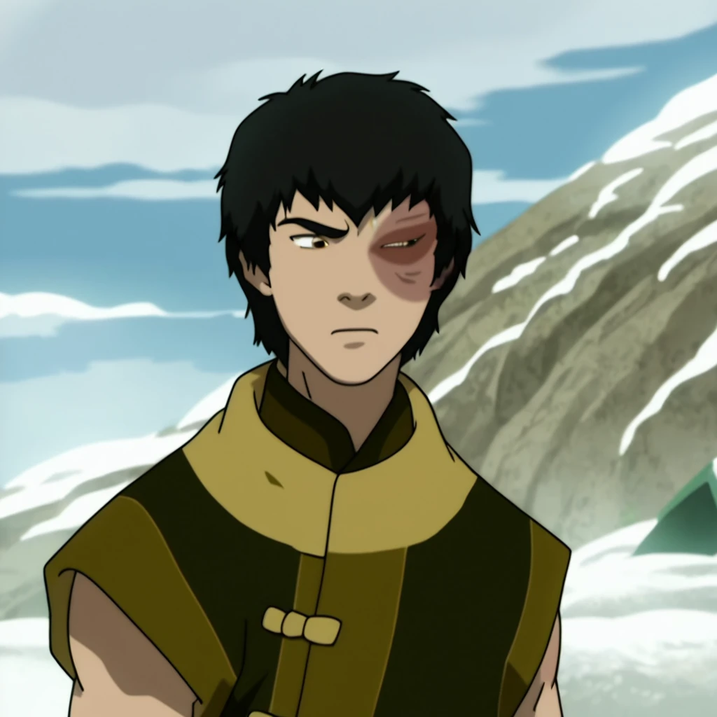 score_9, score_8_up, source_anime, anime coloring, anime screenshot, zuko, (earthkingdomoutfit:1.1), 1boy, solo, male focus, cowboy shot, black hair, medium hair, burn scar, standing, japanese clothes, green robe outdoors, blue sky, upper body, snow, meadow,  close up, (sleeveless:1.4)