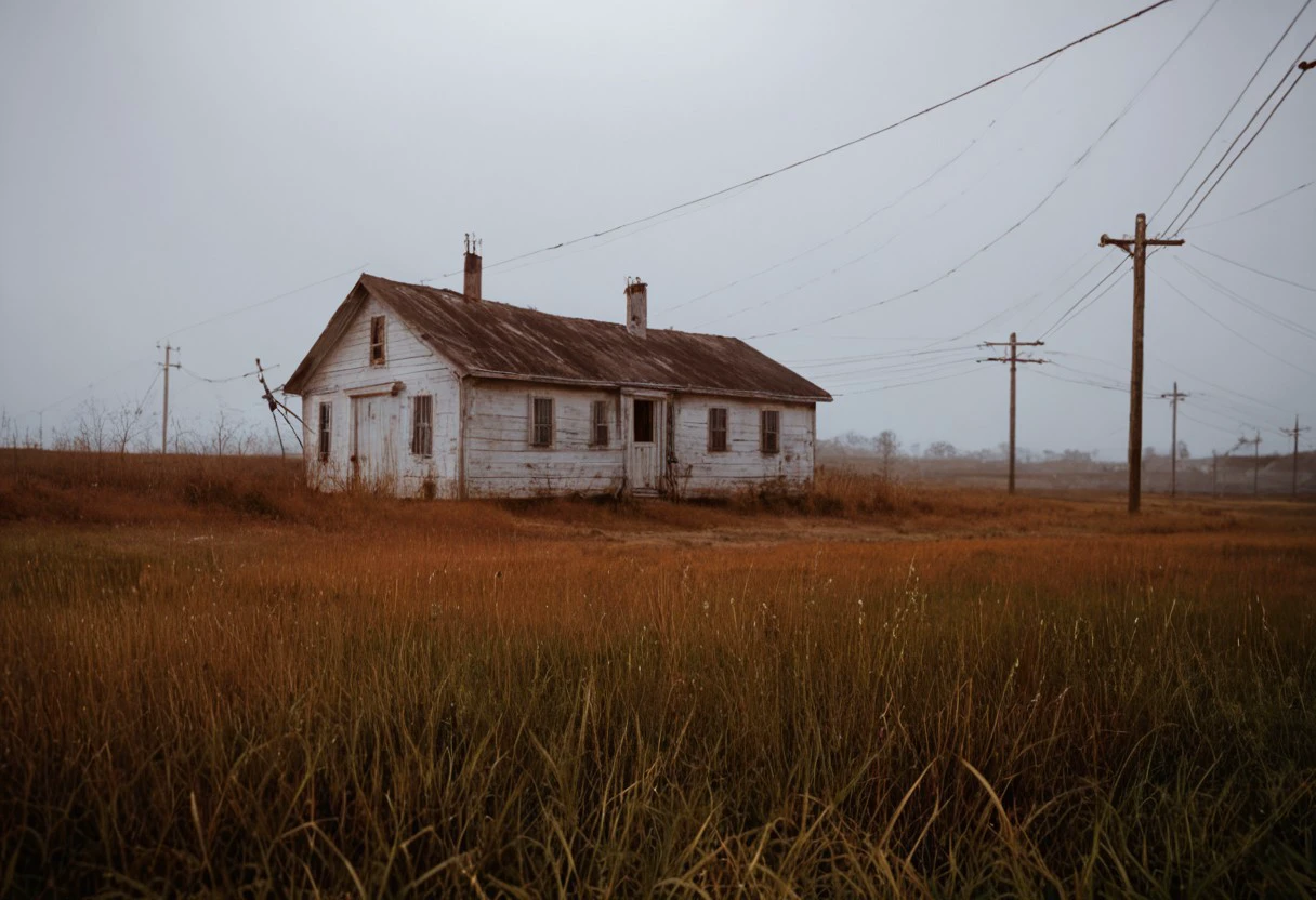 Film Photography, grainy film, 35mm, nostalgic, midwest, grassy field,  glowing, realistic, cinematic shot, outside, haunted, eerie, misty, fluorescent, depth of field, old vintage house, power lines, 1 glowing red window, fluorescent, mid day, golden hour lighting, 
vintage car, 
score_9, score_8_up, score_7_up, POV,