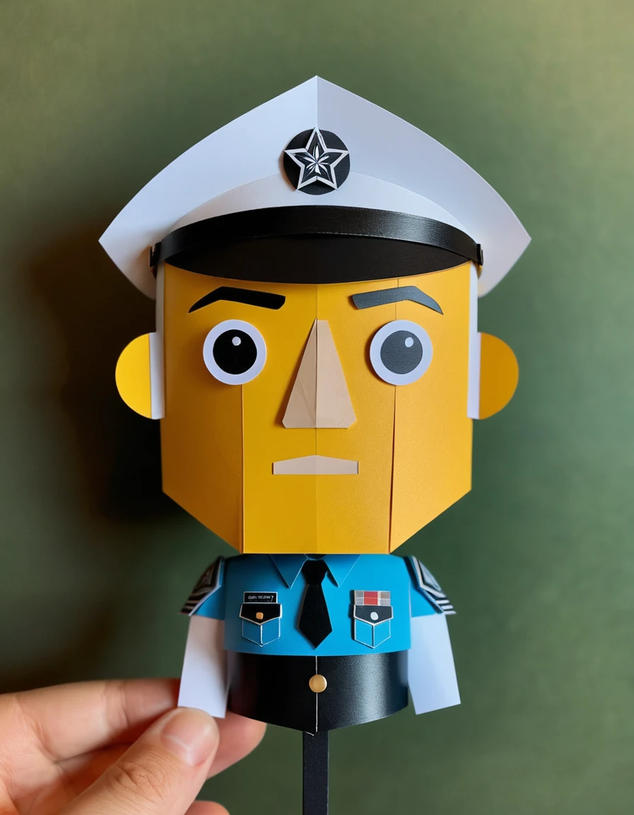 made out of ral-ppr, papercraft, paper, Male Sergeant, <lora:ral-ppr-sdxl:0.7>, great composition, dynamic cinematic perfect background, warm light, cute, creative, ambient background, professional creative, artistic, fine polished, stunning detail, full color, badge