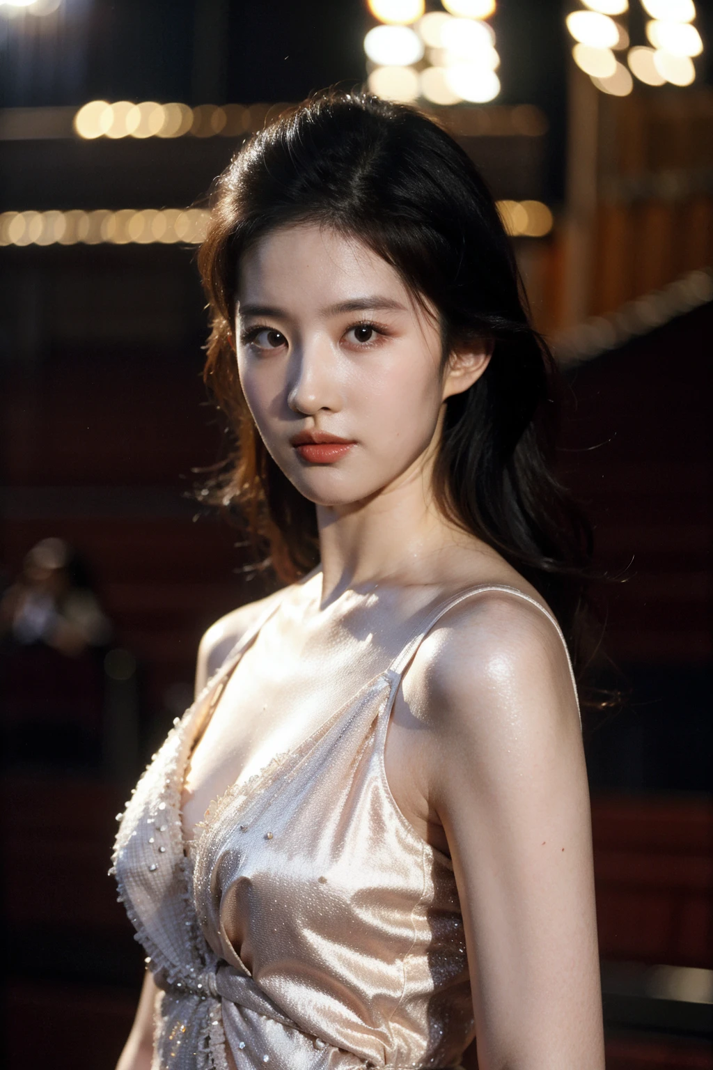 Best quality, masterpiece, ultra high res, (photorealistic), raw photo,1girl, upper body,solo, realistic, looking at viewer, bokeh background, concert hall, formal gown,  <lora:makina69_liuyifei_v1.0:1>