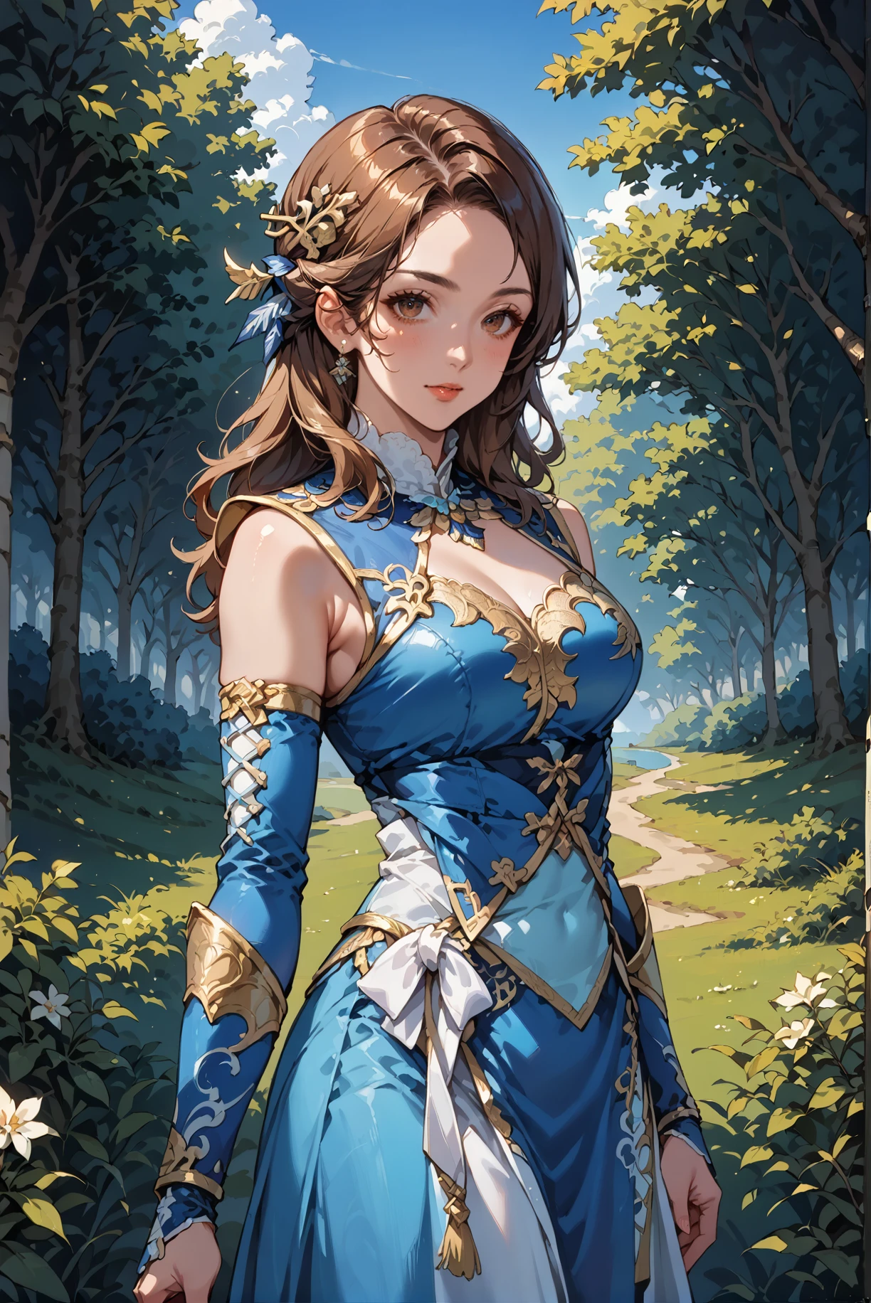 score_9, score_8_up, score_7_up, source_anime, 1girl, solo, brown hair, long hair, blue dress, brown eyes, tree, outdoors, hair ornament, looking at viewer, <lora:Zhang_Chunhua_Dynasty_Warrior:0.8>