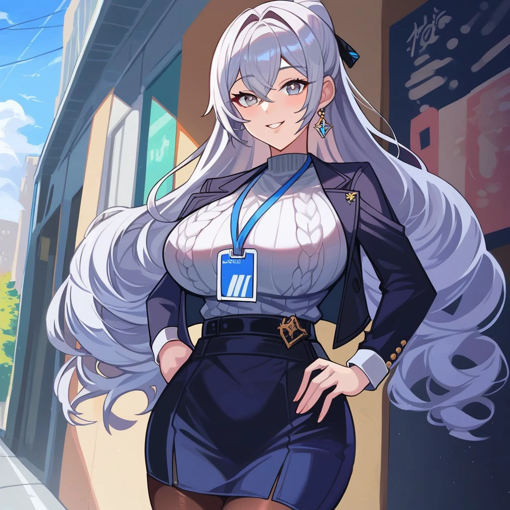 score_9, score_8_up, score_7_up,Captivating Eye Reflections,beautiful detailed eyes,lower eyelid,beautiful detailed face,BREAK ,source_anime,Bronya Zaychik (Silverwing: N-EX),1girl,huge breasts,grey eyes,red pupils,black ribbon,silver hair,semi-long hair,twin drills,small earrings,gray sweater,open indigo jacket,1blue employee ID card,indigo tight skirt,brown pantyhose,1black belt on the thighhigh,black high heels,street,smile,cowboy shot,sunshine,blue sky