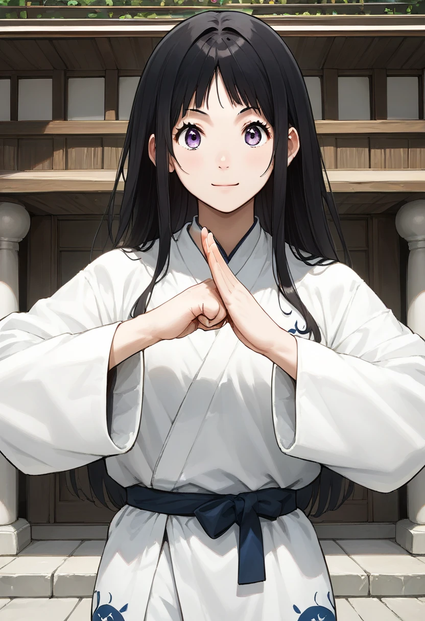 (fist-palm salute:1.5), score_9, score_8_up, score_7_up, source_anime, ultra detailed, 
Generate a picture of a girl making fist-palm salute in a big garden in front of a big traditional Chinese building,  (fist and palm folded in front), (hands together), front view,  she is wearing a yin_yang_print robe, white pants, barefoot, looking at viewer seriously with light smile,
1girl has [black|brown] long hair with bangs, yellowish white skin, round face with light purple eyes, 
 chitanda /(hyouka/) ,
 <lora:Chitanda_Eru:1>,<lora:fist-palm_salute_Pony-000008:0.8>