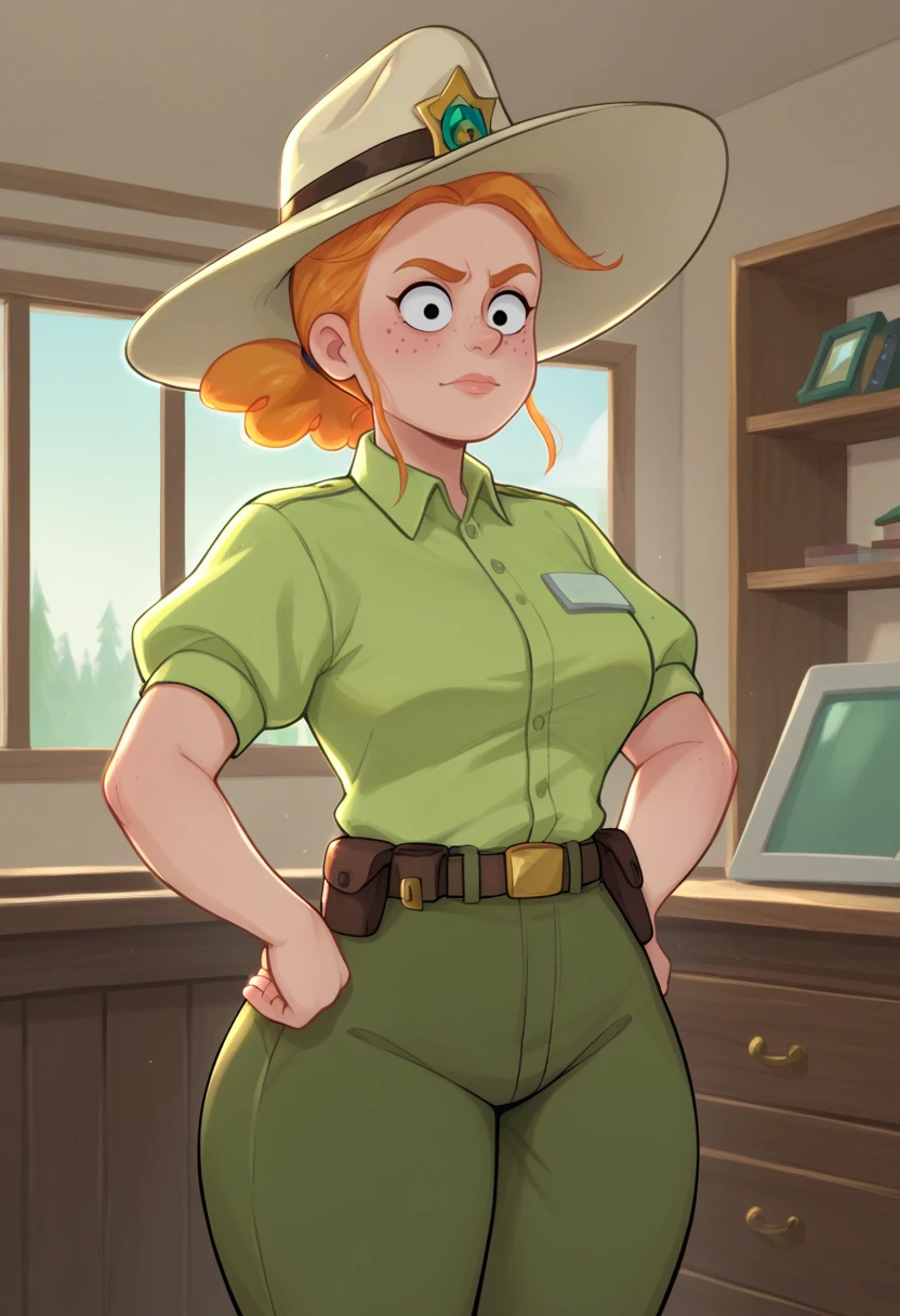 score_9,score_8_up,score_7_up BREAK <lora:danatabes:0.8>,danatabesSDXL,1girl,solo,shirt,hat,ponytail,short sleeves,collared shirt,belt,pants,black eyes,orange hair,uniform,freckles,green shirt,green pants,thick thighs,room,room background,