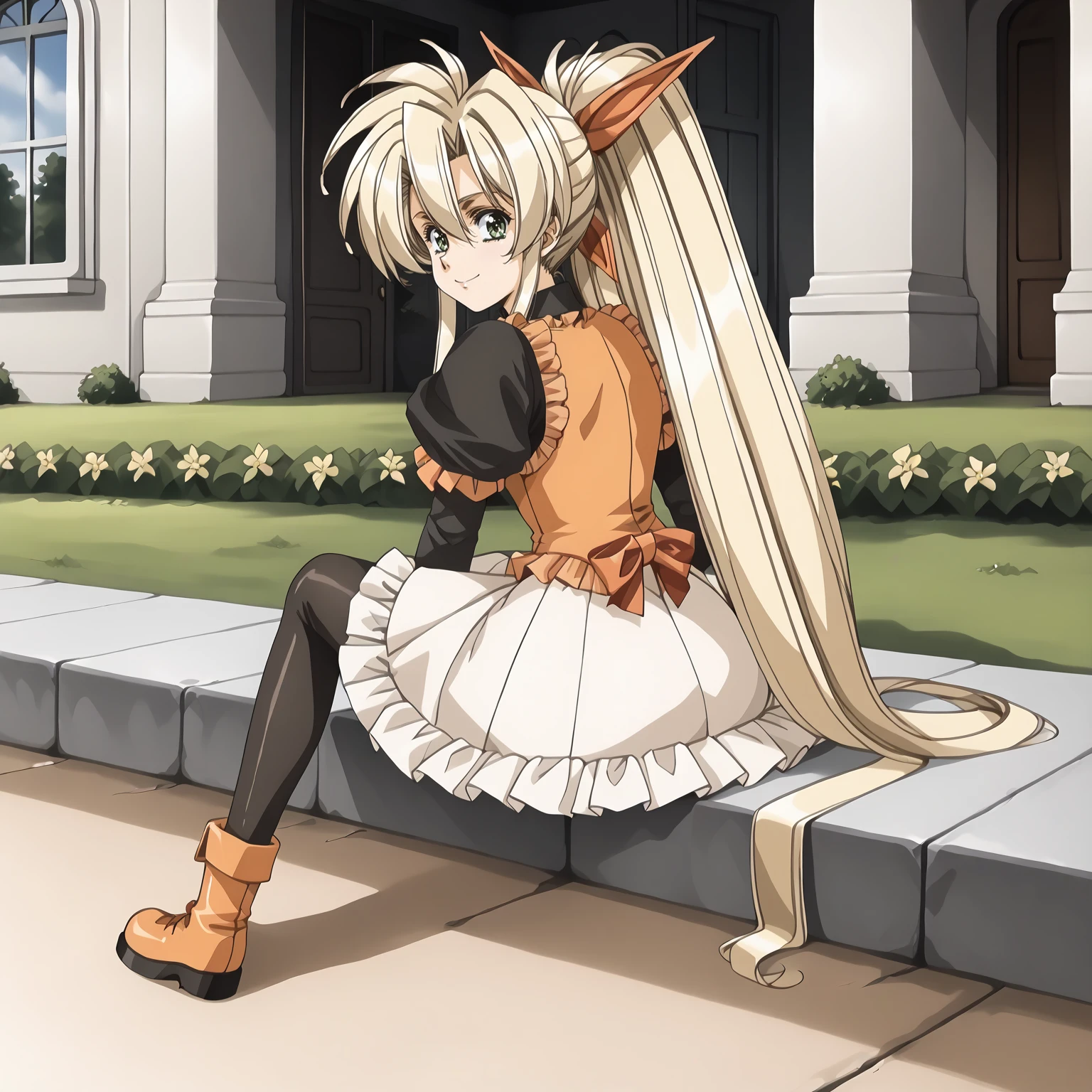 <lora:FI_FayeXLpony005>,
looking at viewer,smile,
solo,
Faye,1girl,blonde hair,very long hair,high ponytail,very long sidelocks,hair bow,green eyes,
dress,black shirt,orange vest,long_sleeves,
white skirt,frills,
black pantyhose,
short boots,
outdoors,
full body,sitting,looking back,