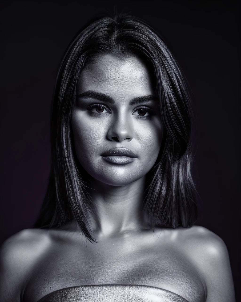 monochrome sgo, masterpiece, best quality, ultra-detailed, ultra high res, (photorealistic:1.4), raw photo, shiny lips, lip gloss, (realistic:0.2), 8k HDR, realistic lighting, 1girl, solo, looking at viewer, shiny hair, (detailed pores), (detailed skin textures), (detailed face), black hair, (simple purple background :1.2), (3/4 body:1.5), white suit, brown shirt, small waist, portrait . black and white, contrast, tone, texture, detailed
