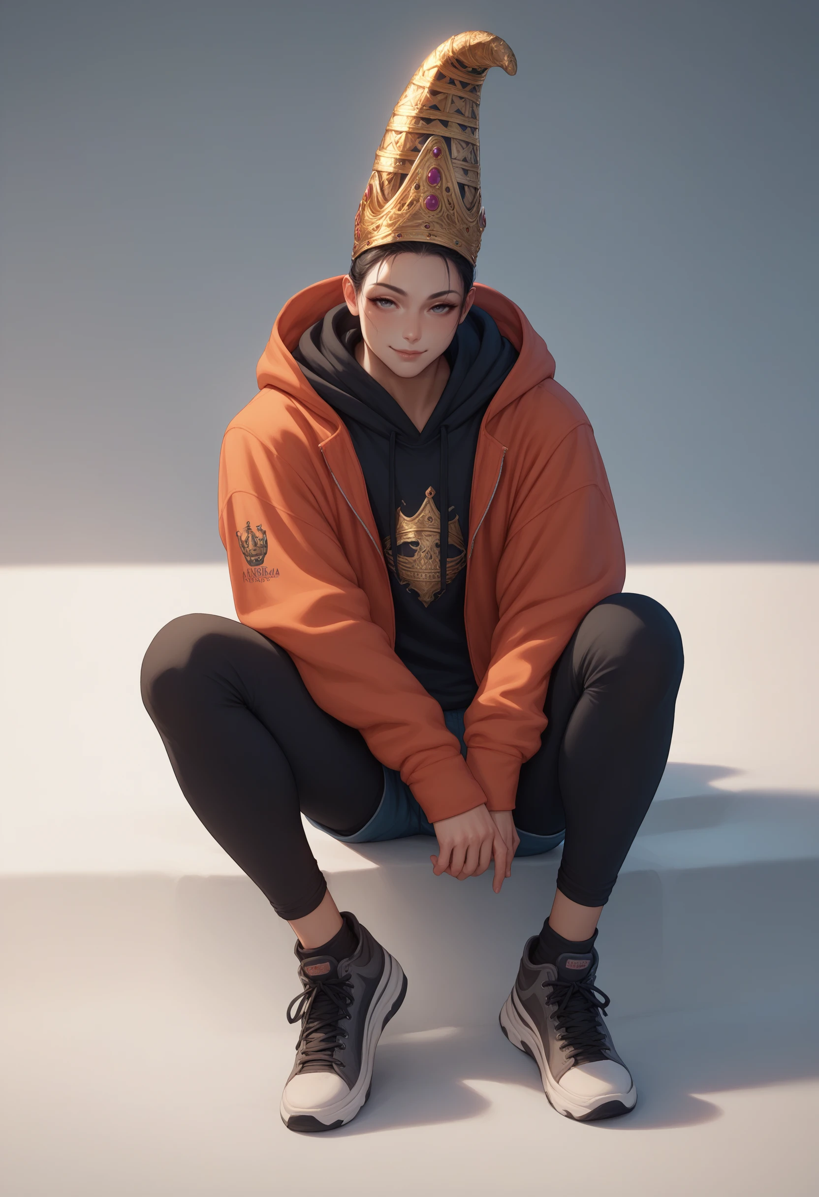 score_9, score_8_up, score_7_up, Rennala, black hair, crown, hoodie, shorts, <lora:Rennala_pdxl_Incrs_v1:1>, seductive smile, full body, wide shot,