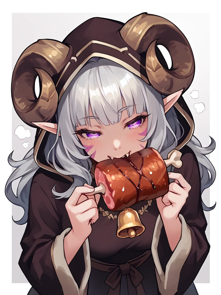 <lora:boned_meat_manga_meat:1> boned_meat, holding_food, fangs, holding boned_meat, steam on meat, eating, 
source_furry, score_7_up, rating_safe, cowboy shot, gold necklace, tiefing, short pointed ears,brown horns, (a pair of brown sheep Horns that begin at her temples and curve back: 1.5), bangs,long silver hair long wavy hair, pale skin,<lora:whisker_markings:0.8> whisker_markings:1.4 , pointy ears, purple eyes:1.2, <lora:age_slider_v4:0.6>   medium breasts, skinny female, close up, silver hair, <lora:Tieflingnew weird fantasyDND:0.3> Tiefling, pointed ears, horns, from above,  half-closed eyes:1.5,<lora:Smooth Style 2 SDXL_LoRA_Pony Diffusion V6 XL:0.5>  shepherd's crook, bell, robe, hood off, <lora:Nanoless_Artist_Style_PonyXL:0.3>