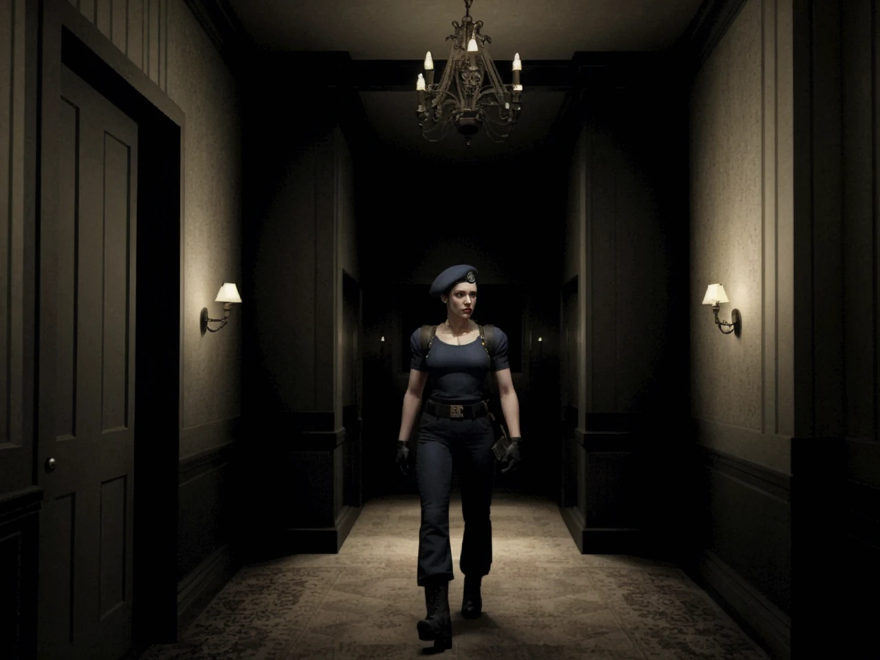 resevil, mansion interior, horror theme , dark, <lora:resevil:0.6>     <lora:jillvalentine-re-richy-v1:0.8> jillre1, beret, uniform, shoulder pads, short sleeves, harness, belt, pants