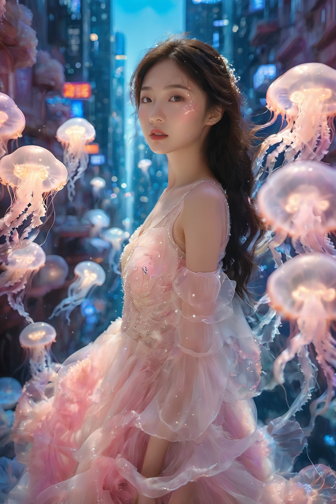 An Asian young woman with long flowing hair, adorned in a delicate pearl white gown, surrounded by a mesmerizing futuristic city environment. She stands amidst a dance of luminescent jellyfish, which glow in hues of pink and blue. The backdrop is a skyline of towering buildings, punctuated by the soft glow of bioluminescent lights and the gentle hum of technology. The woman's gaze is distant, as if lost in thought, while the jellyfish float gracefully around her, creating an ethereal and dreamlike atmosphere.<lora:EMS-310343-EMS:0.800000>, <lora:EMS-412760-EMS:0.800000>