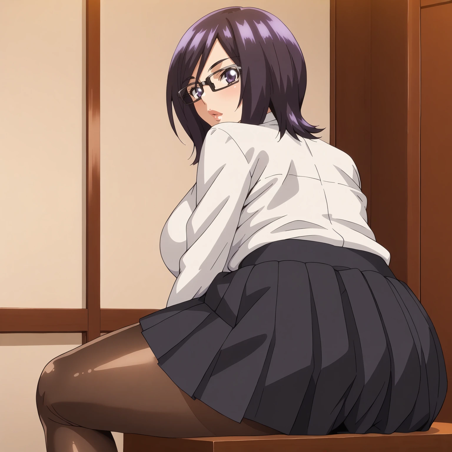 <lora:NatsumeKawashimaXLpony001>,
looking at viewer,parted lips,
solo,
NatsumeKawashima,1girl,purple black hair,medium hair,purple eyes,eyewear,
large breasts,
white shirt,
pleated_skirt,black skirt,
black_pantyhose,
indoors,
sitting,looking back,