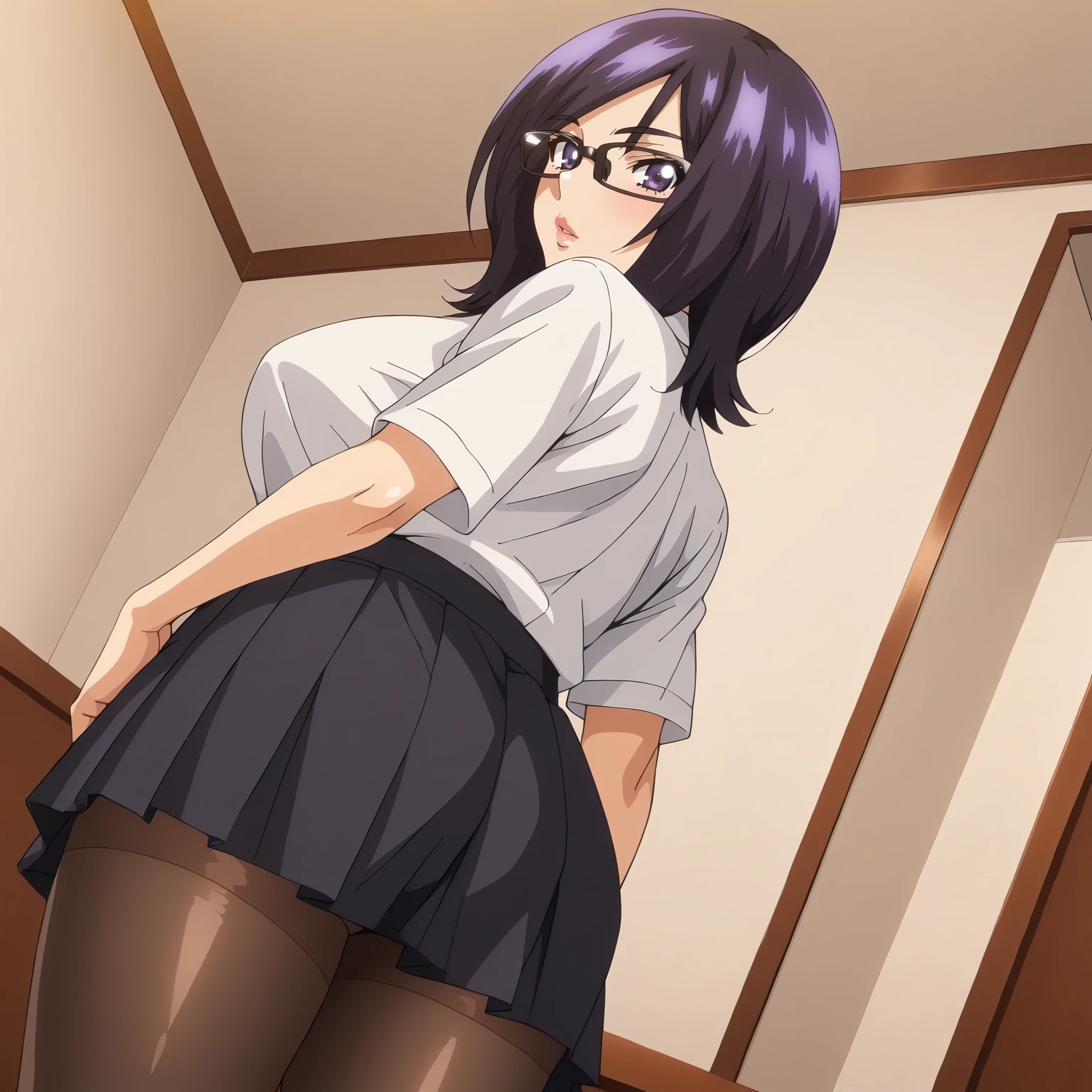 <lora:NatsumeKawashimaXLpony001>,
looking at viewer,parted lips,
solo,
NatsumeKawashima,1girl,purple black hair,medium hair,purple eyes,eyewear,
large breasts,
white shirt,
pleated_skirt,black skirt,
black_pantyhose,
indoors,
standing,looking back,