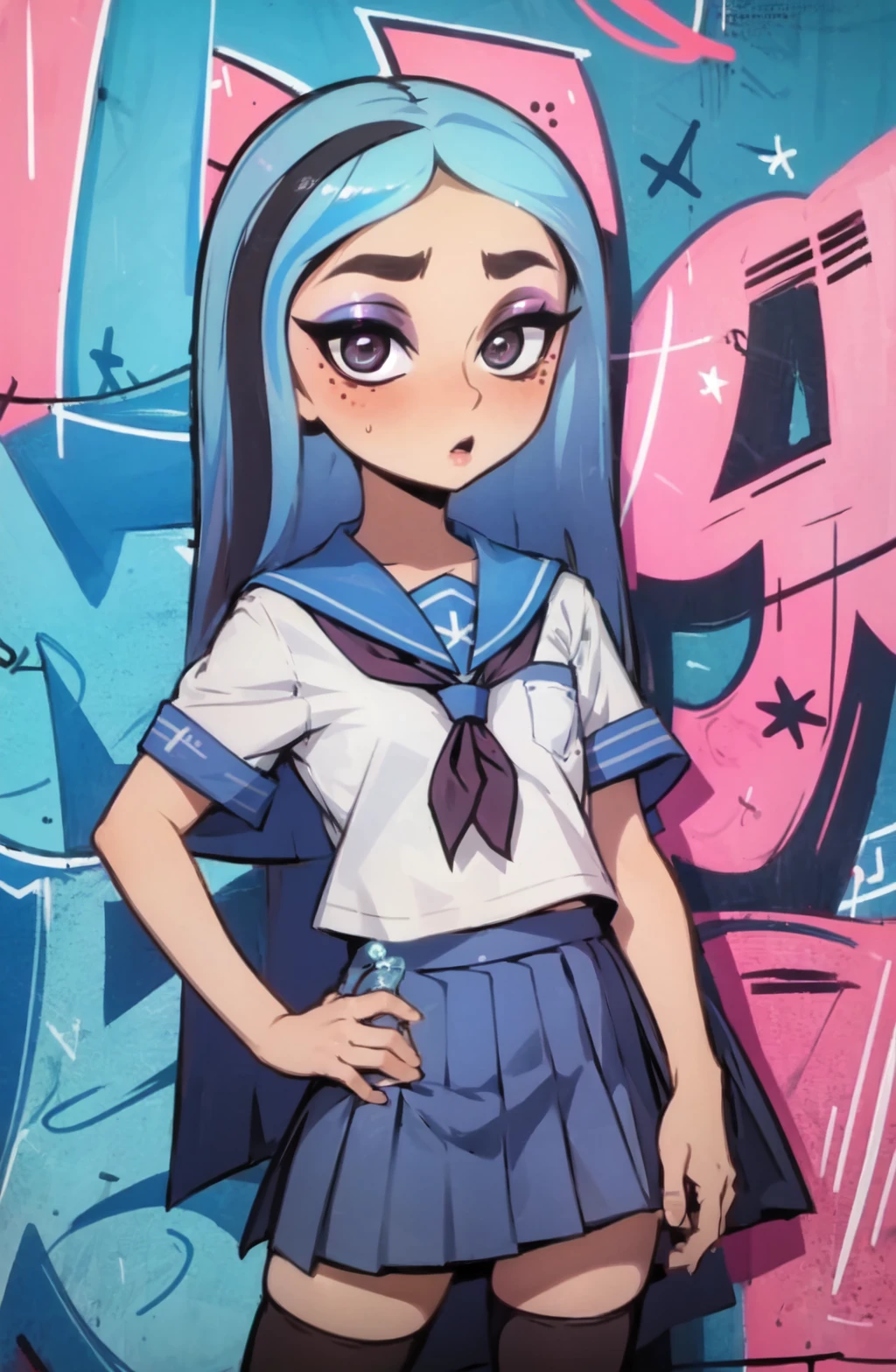 <lora:Andrea_Davenport SD-15 V1:1> Andrea Davenport, long hair, looking at viewer, blush, skirt, shirt, thighhighs, holding, school uniform, blue hair, standing, white shirt, short sleeves, multicolored hair, cowboy shot, pleated skirt, serafuku, black thighhighs, miniskirt, sailor collar, black eyes, cup, blue skirt, zettai ryouiki, neckerchief, makeup, blue sailor collar, holding cup, red neckerchief, eyeshadow, blue thighhighs, red eyeshadow, bubble tea, flat chest, wall, graffitti background