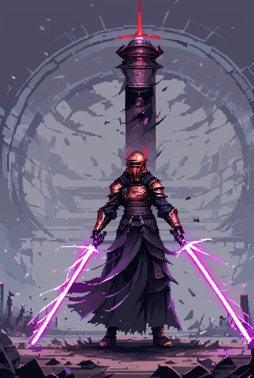 (7-DarthRevan holding lightsaber) swirling energy, menacing, detailed helmet, cloaked, sci-fi, swinging sword, energy sword, glowing beam, purple and red glow
pixel art
<lora:d3p1x3lXLP:0.8> <lora:Darth Revan PONY v1.0:1>