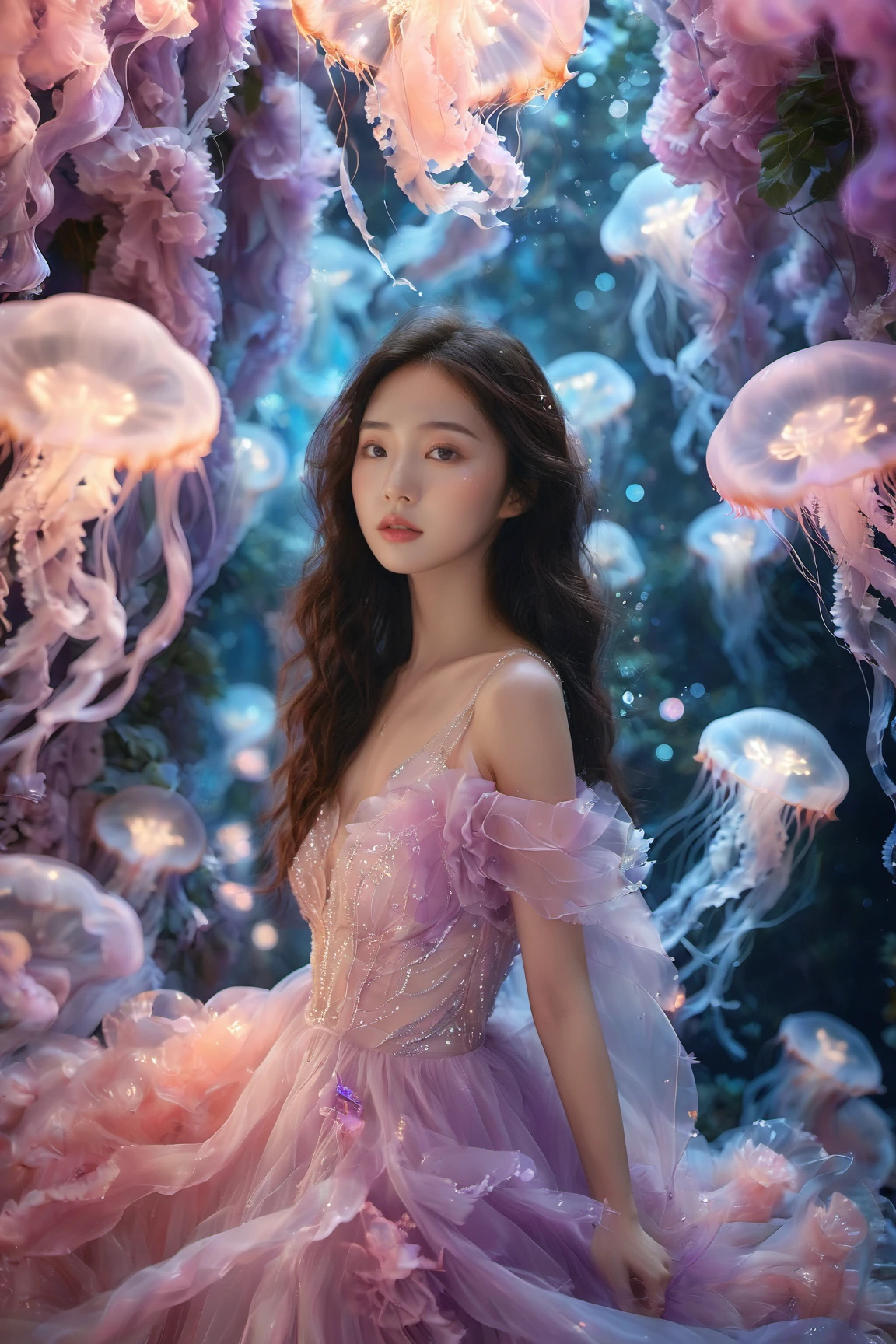 An Asian young woman with long flowing hair, adorned in a delicate lavender gown, surrounded by a mesmerizing enchanted garden environment. She stands amidst a dance of luminescent jellyfish, which glow in hues of pink and blue. The backdrop is filled with blooming flowers, punctuated by the soft glow of bioluminescent petals and the gentle rustle of leaves. The woman's gaze is distant, as if lost in thought, while the jellyfish float gracefully around her, creating an ethereal and dreamlike atmosphere.<lora:EMS-310343-EMS:0.800000>, <lora:EMS-412760-EMS:0.800000>