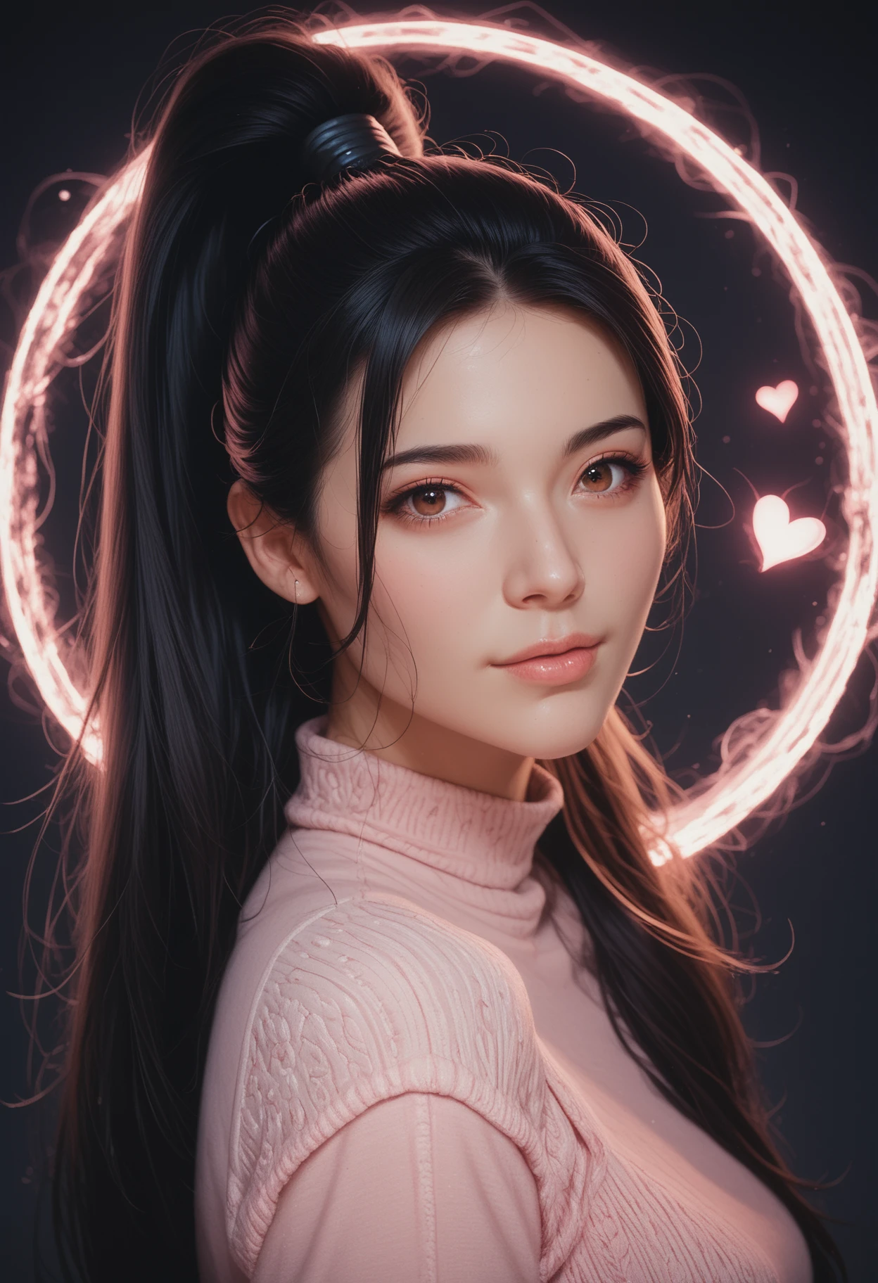score_9,score_8_up,score_7_up, a portal gate surrounded by pink mist, floating hearts <lora:heartmiststyle-000001:1>, beautiful girl, black hair, high ponytail, long hair, 1girl, beautiful woman's face, brown eyes, looking at viewer, seij <lora:Seij-000001:1>,