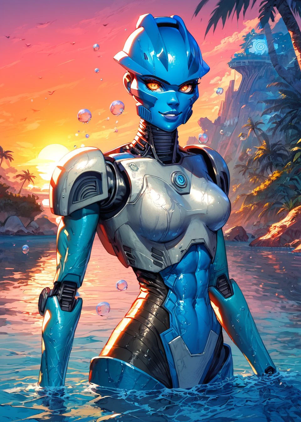 score_9, score_8_up, score_7_up,
gali, robot,  athletic girl, slight abs, silver armor, seductive smile, jewerly, 
knva, halftone effect, 1girl, solo, tropical island background,walking out of water, magnificent background,
soaked, wet,  head turn, side, water control,  telekinesis, water bubbles in the air, looking at viewer, water force, water energy consume, 
sunset, two tone light, 
<lora:Kenva:0.6>
<lora:Gali_Nuva:0.8>
<lora:cutesexyronutts_style_xl:0.7>
 <lora:Fant5yP0ny:0.6>