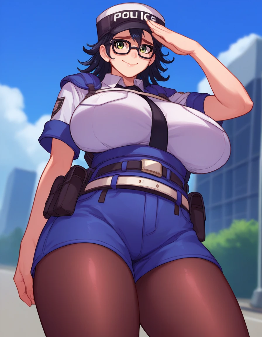 (Perfect body),Best Quality,16 K、((NSFW))、(Police Hat)、(Navy blue jacket)、blush、(:D)、embarrassed from,((Short hair)), ((bob cuts))、((blunt_Bangs))、(((Yellow eyes))),((Black hair)),(Sweat),((Navy blue leotard))、(Black knee socks)、(Brown boots)、((Big ass))、(((((Big breasts)))))、(((thick thighs)))、(Standing on one knee)、In the street、