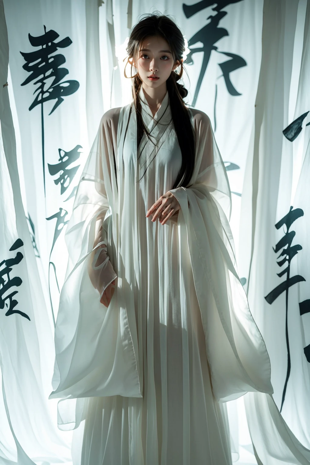 photorealistic,realistic,photography,masterpiece,best quality,ultra-detailed,extremely detailed CG unity 8k wallpaper,(reality: 1.4),1girl,solo,long hair,closed mouth,looking at viewer,full body,standing,parted lips,lips,wide sleeves,chinese clothes,Calligraphy Chinese, <lora:JAY-Calligraphy Chinese:1>,Chinese calligraphy in background