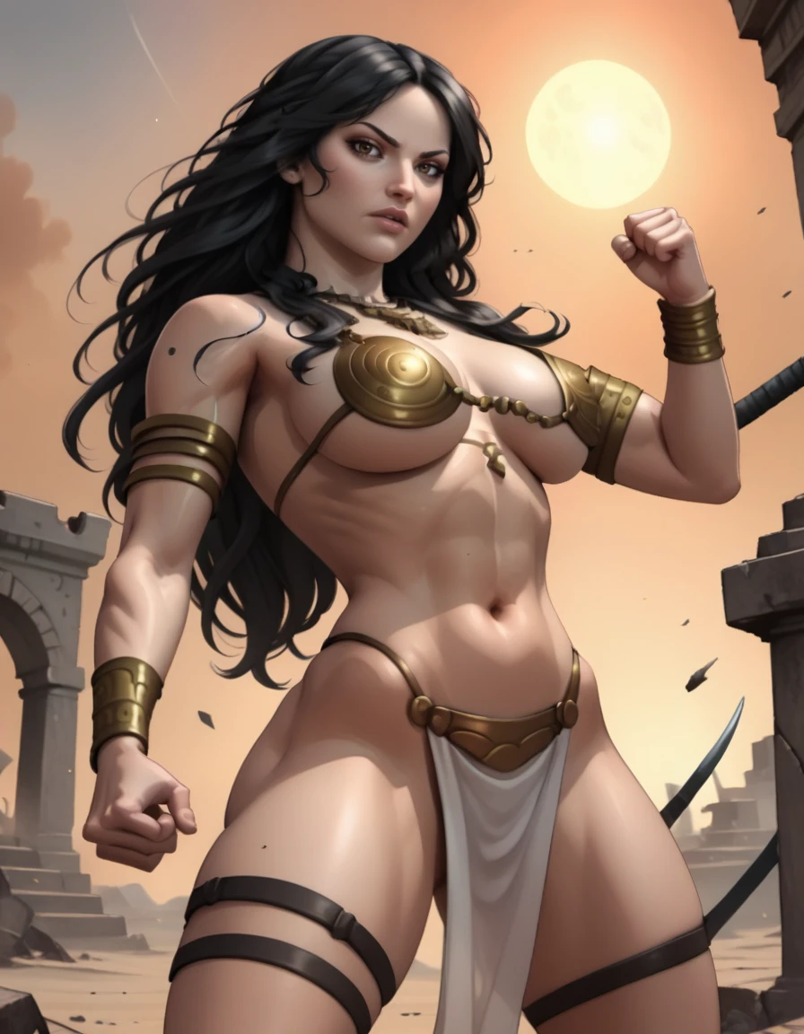 Marvel Comics, (emote:1), Claudia Schiffer dressed as Dejah Thoris, by Frank cho and HR Geiger, barsoom, (sexy), black hair, ornate diadem, nearly naked, (1girl:1), Gray background, (NSFW:1), delicate hands
