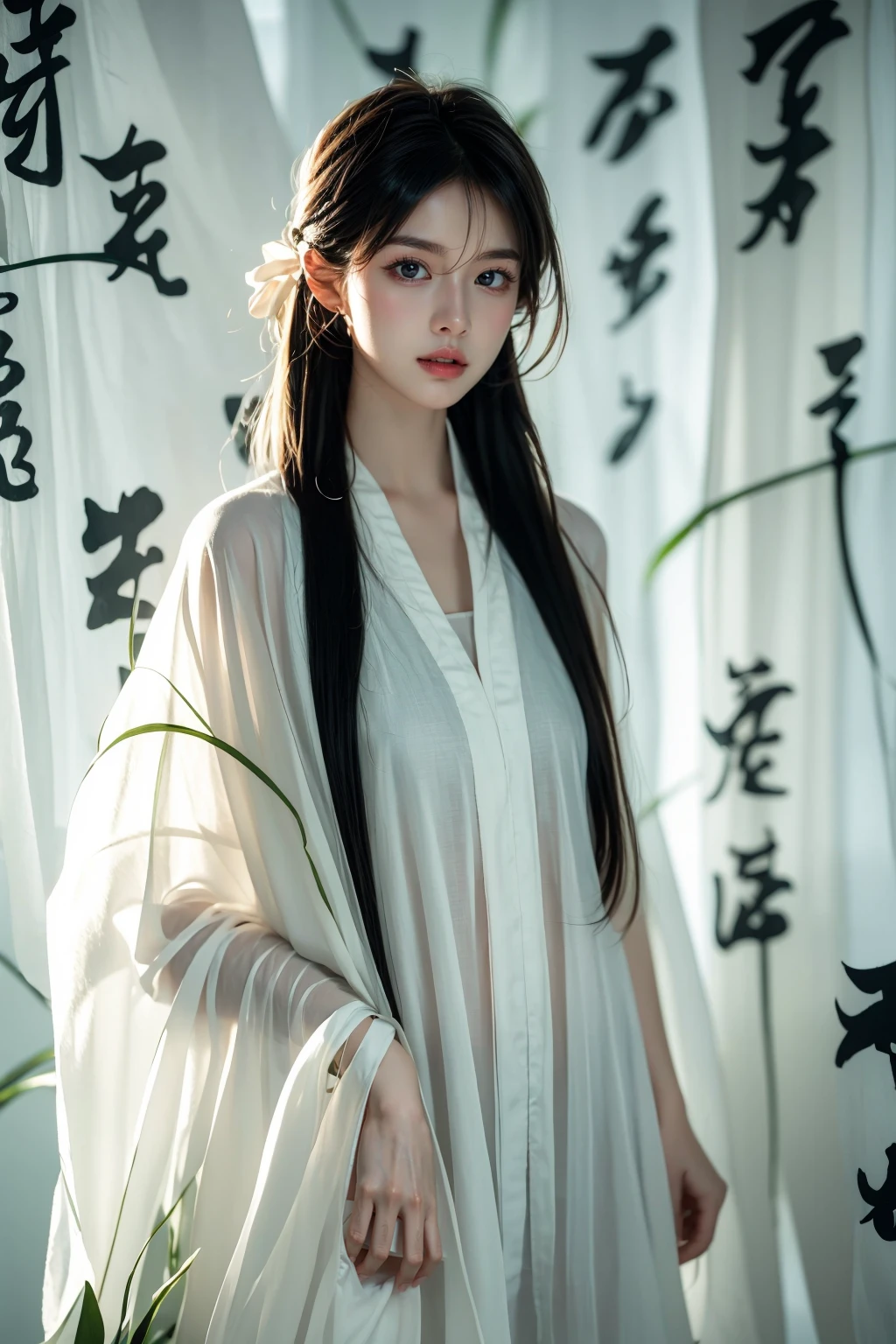 photorealistic,realistic,photography,masterpiece,best quality,ultra-detailed,extremely detailed CG unity 8k wallpaper,(reality: 1.4),1girl,solo,long hair,closed mouth,looking at viewer,standing,parted lips,lips,wide sleeves,see-through, white chinese text,Chinese calligraphy in background, <lora:JAY-Calligraphy Chinese:1>