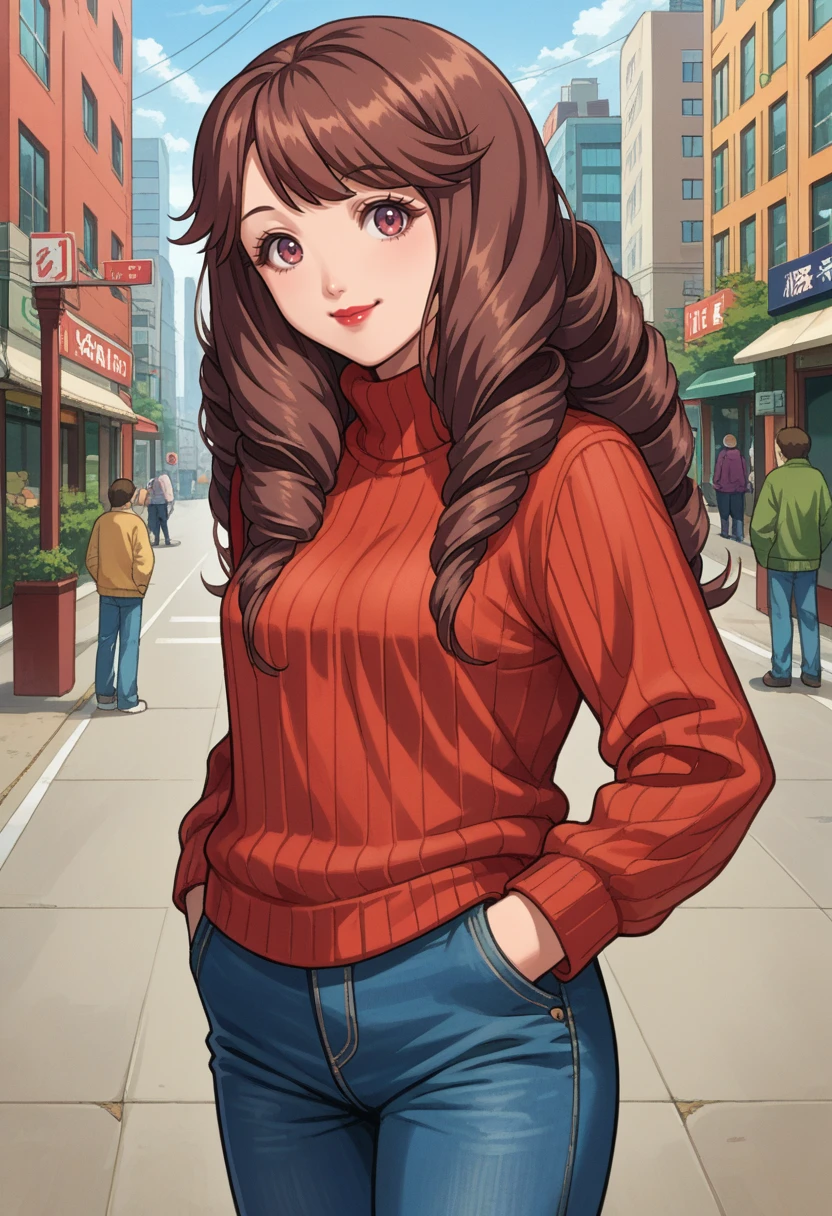 score_9, score_8_up, source_anime, 1girl, solo, KurayoshiRino, long hair, drill hair, brown hair, lipstick, sweater, ribbed sweater, jeans, hands in pockets, outdoors, city, smile, <lora:ChamKurayoshiRinoPonyXL:1>