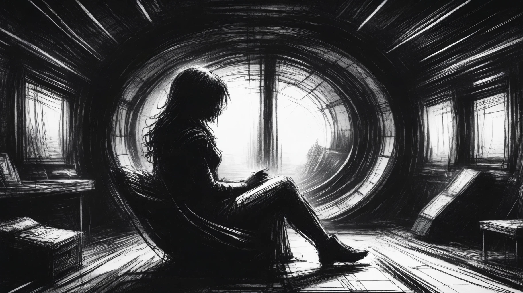 very rough pencil sketch, scribbles, of a woman sitting in a spaceship, staring at the stars, fine lines, bold lines