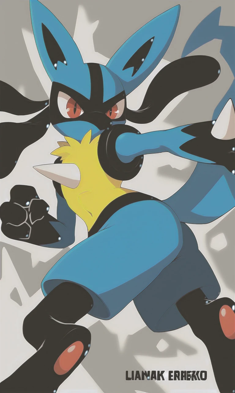 Lucario, Lanky, Humanoid, yellow fur, Blue and Black, red eyes, Blue head Long, pointed ears, Black marking on the face, Black arms and legs, spike on the chest, Hands with three fingers, Spikes on the back of the hands hands, three-toed feet, long tail