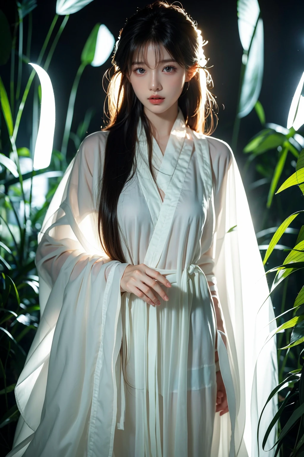 photorealistic,realistic,photography,masterpiece,best quality,ultra-detailed,extremely detailed CG unity 8k wallpaper,(reality: 1.4),1girl,solo,long hair,closed mouth,looking at viewer,standing,parted lips,lips,wide sleeves,see-through, white chinese text,Chinese calligraphy in background, <lora:JAY-Calligraphy Chinese:1>