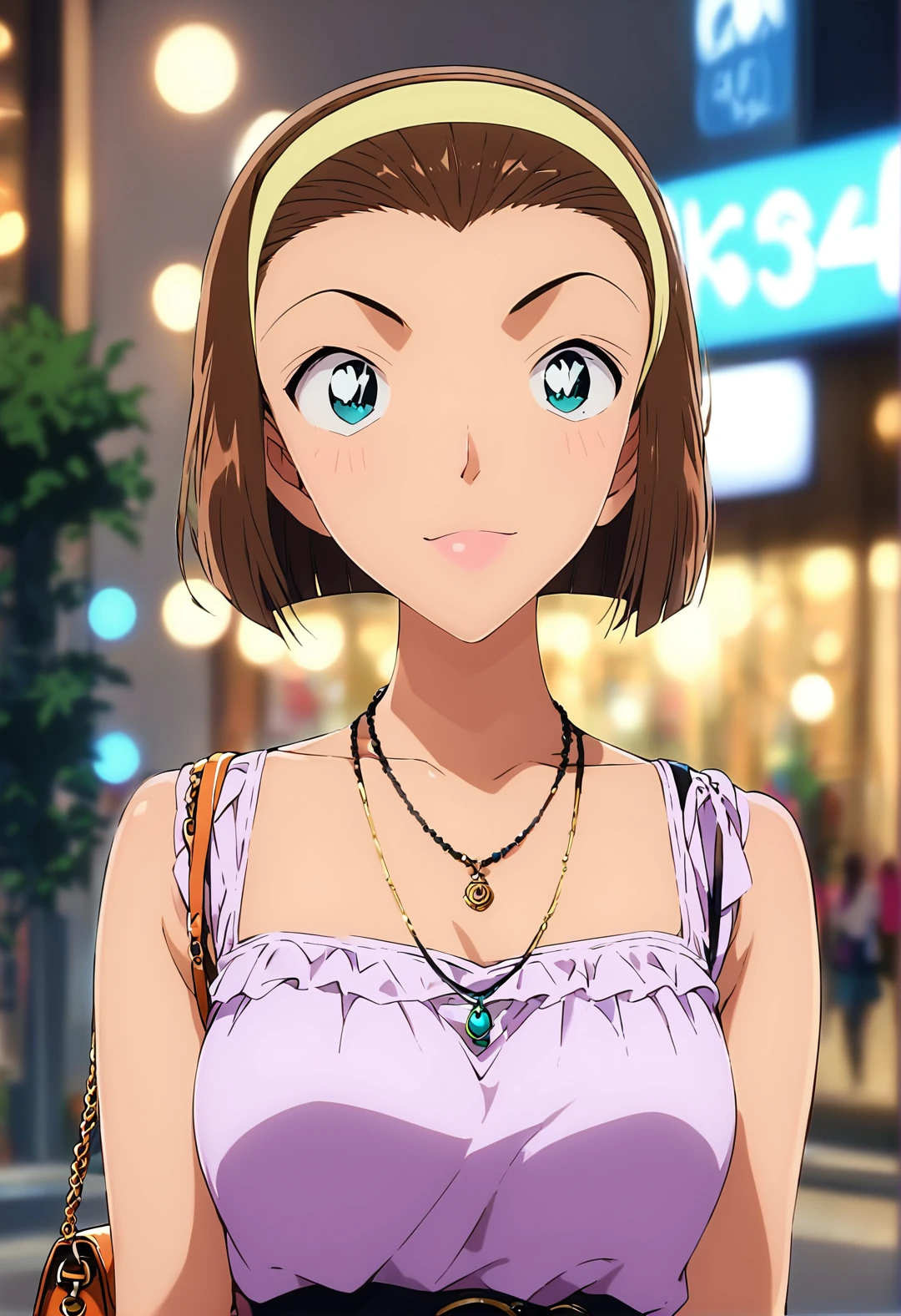 score_9, score_8_up, score_7_up, score_6_up, Light Outline,
((1gril,solo,upper body,front view,girl,)),looking at viewer, 
suzuki sonoko,hairband,short hair,brown hair,short brown hair, headband, casual dress, necklace, handbag,
(Sheer Textured Dark Pantyhose,),
 <lora:PONY_Suzuki_Sonoko_Anime_Detective_Conan:1>