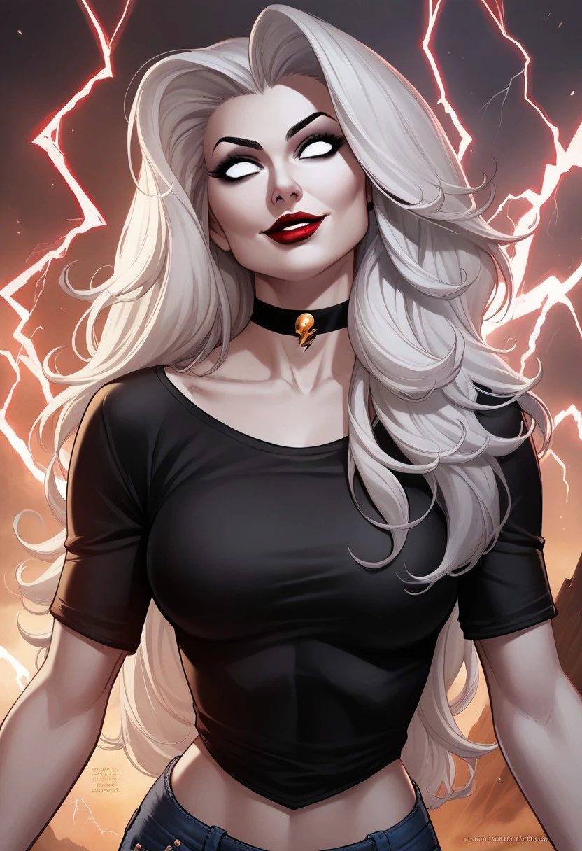 Lady_Death, 1girl, solo, long hair, breasts, smile, black shirt, upper body, choker,  denim shorts, lips, makeup, lipstick, red lips, white eyes, no pupils, lightning, black lips, solid eyes, portrait, upper body, official art, extreme light and shadow, cinematic lighting, cinematic angle, score_9, score_8_up, score_7_up, score_6_up, score_5_up, score_4_up,