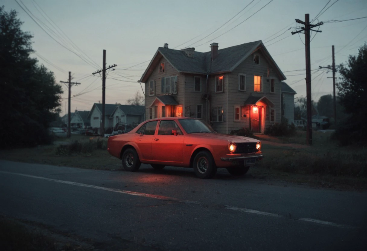 Film Photography, grainy film, 35mm, nostalgic, midwest, glowing, realistic, cinematic shot, outside, haunted, eerie, misty, fluorescent, depth of field, old vintage houses, power lines, 1 glowing red window, fluorescent, mid day, golden hour lighting, small town,
vintage car, 
score_9, score_8_up, score_7_up, POV,